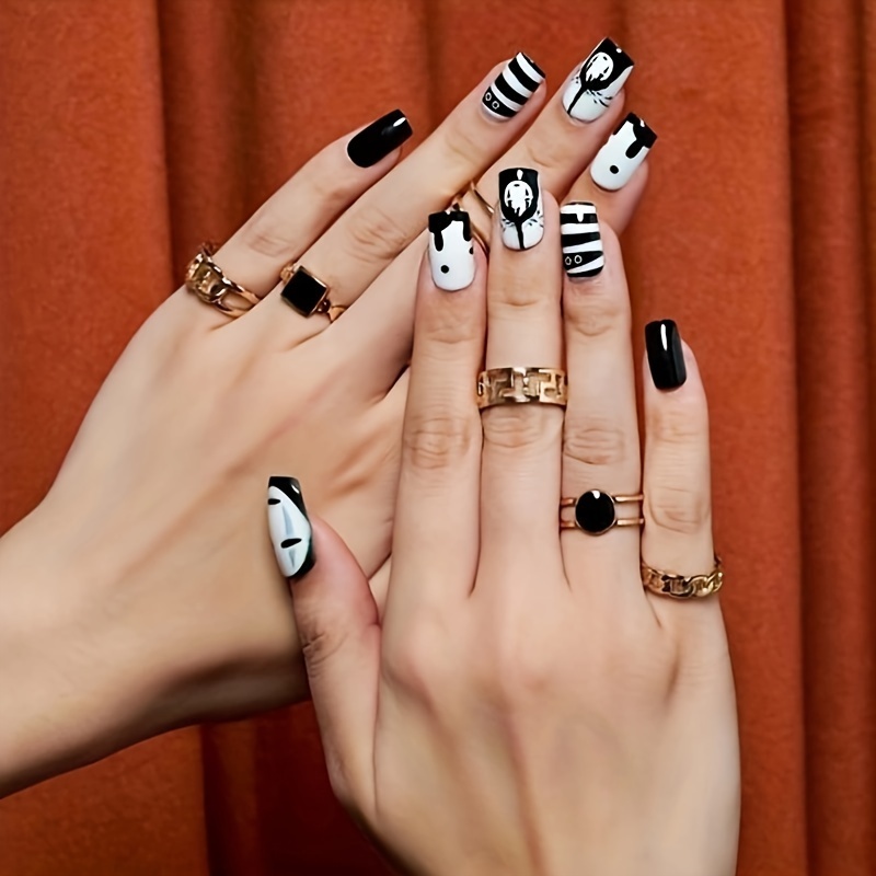 cartoon press on nails glossy medium square fake nails false nails cute faceless man pattern full cover acrylic nails for women girls party wear details 1