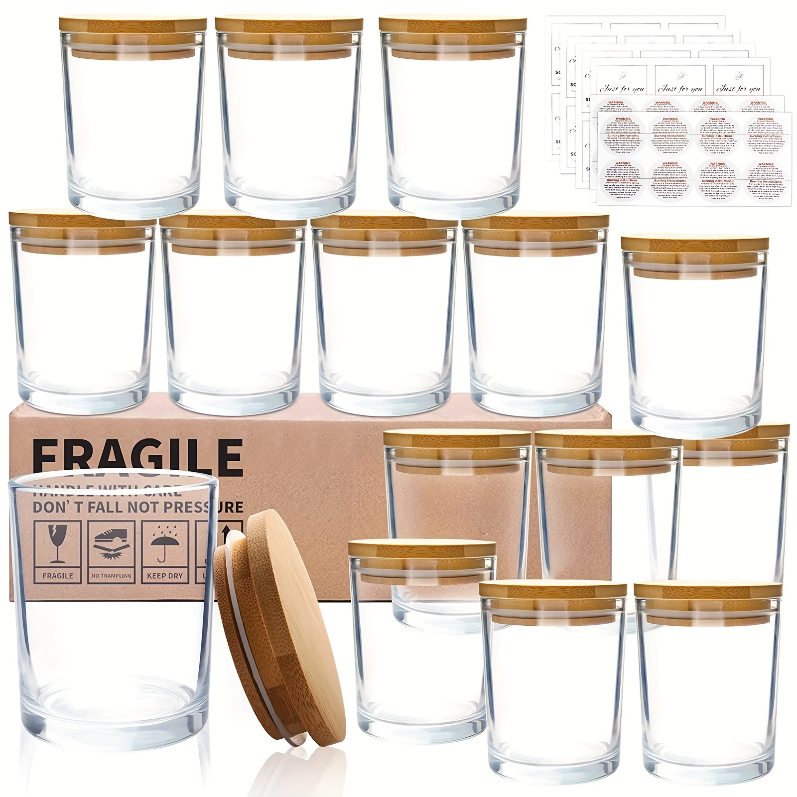  VITEVER Paquete de 16 tarros de vela de vidrio grueso de 10  onzas con tapas de bambú y kit de mecha para velas, tarros de vela de  vidrio vacío transparente a