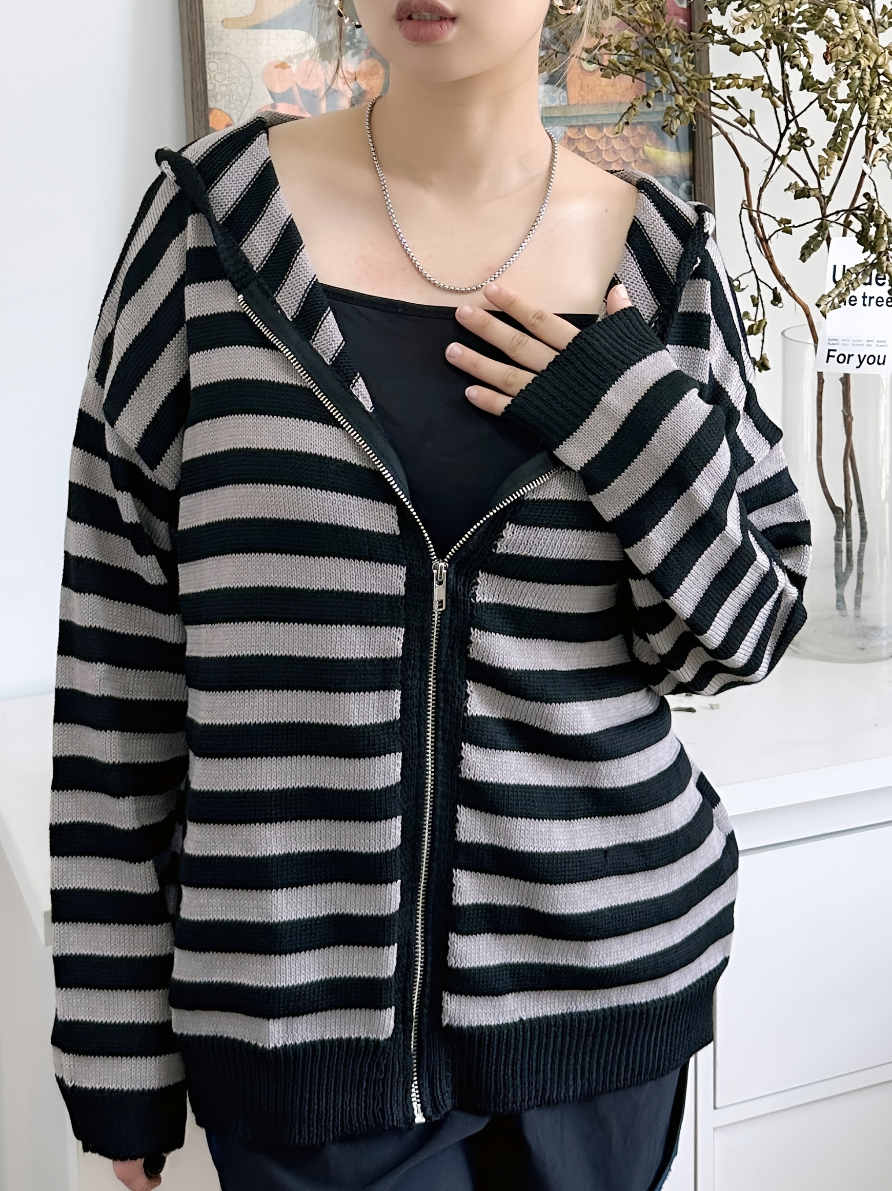 y2k Knitted Top Fairy Grunge Clothes Women Striped V Neck Long