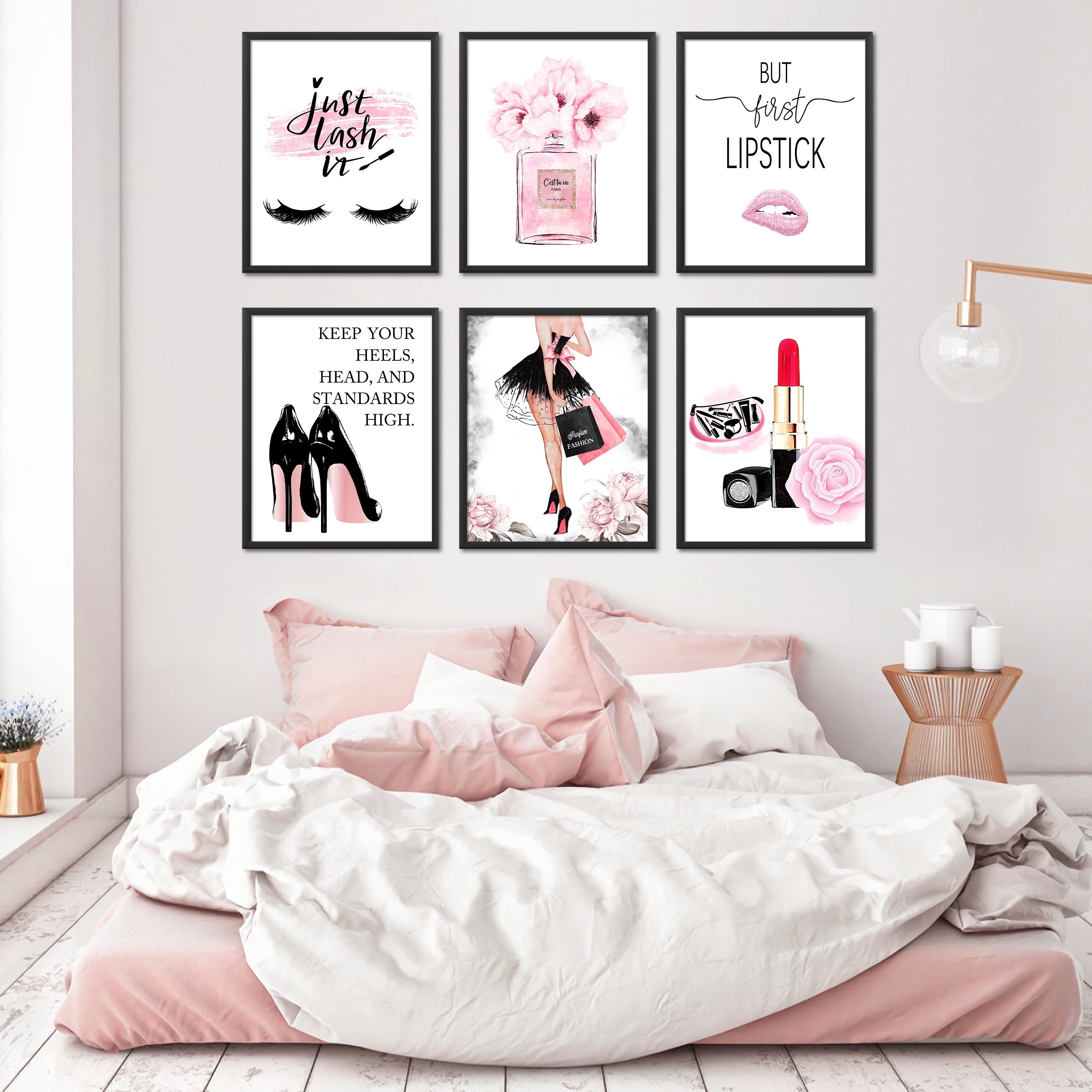 HUZAIGEGE Gold Fashion Wall Art Set Canvas Wall Decor Pictures Art Perfume  Lady Makeup Tool Stylish Photo and Quote Posters Prints for Bedroom