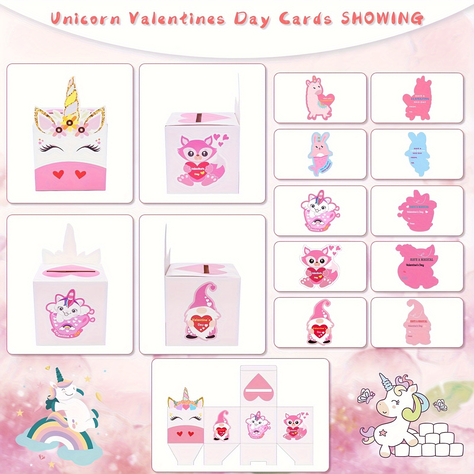 Valentine Boxes for Kids - Unicorn Valentines Day Cards for Kids and Mailbox for Classroom Exchange & Greeting, Kids Valentines Gift for Party Favor
