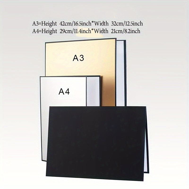 3-in-1 A4 Photography Light Reflector Cardboard – Silver, White & Black, 180° Folding, For Product & Food Photo Shoots