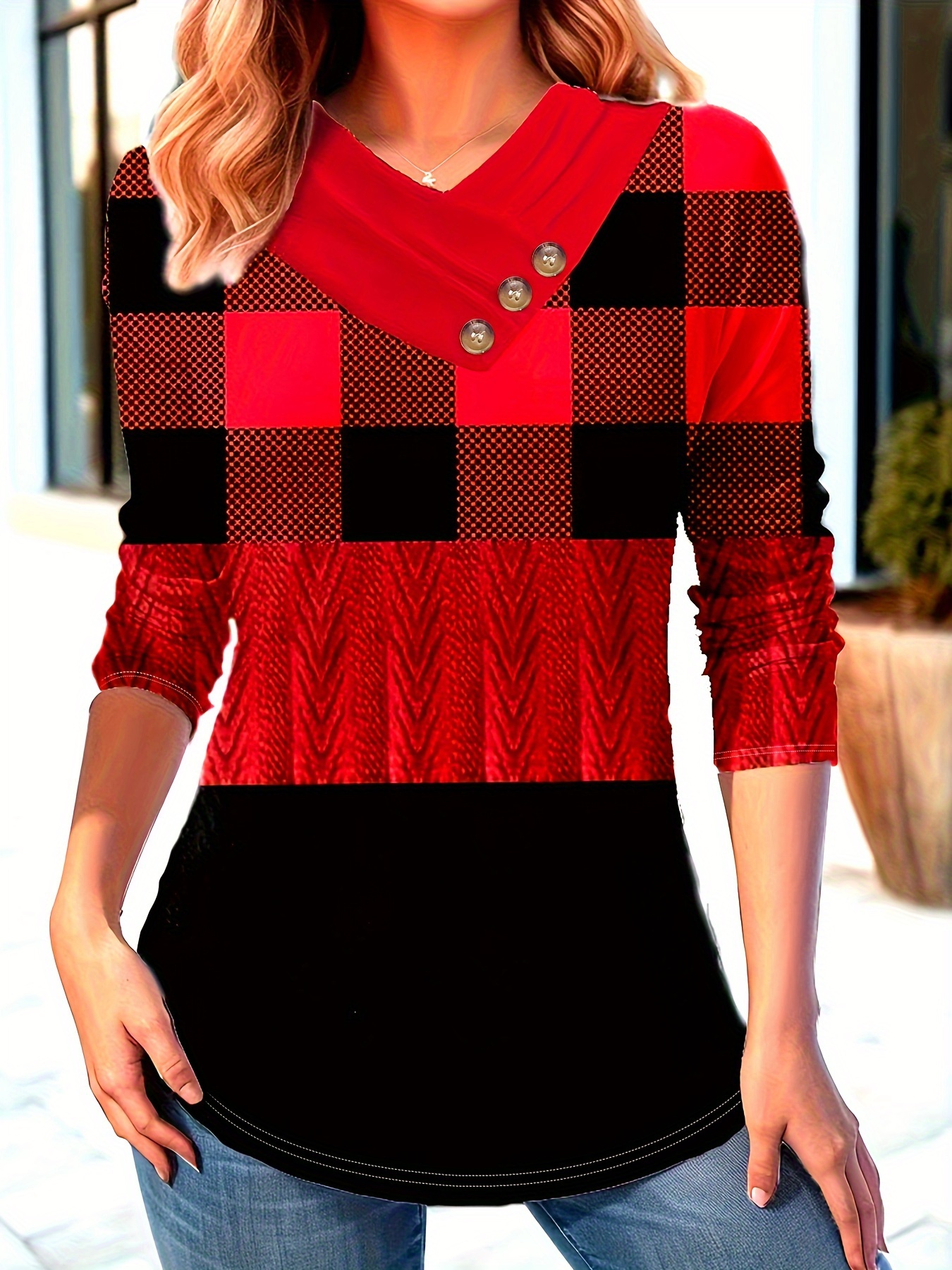 Plaid Color Block Blouse Casual Long Sleeve V neck Blouse - Temu