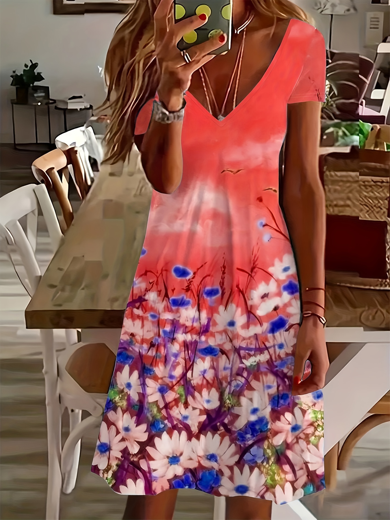Çiçek Desenli Kısa Kollu Elbise, Rahat V Yaka Midi Elbise, Kadın Giyim