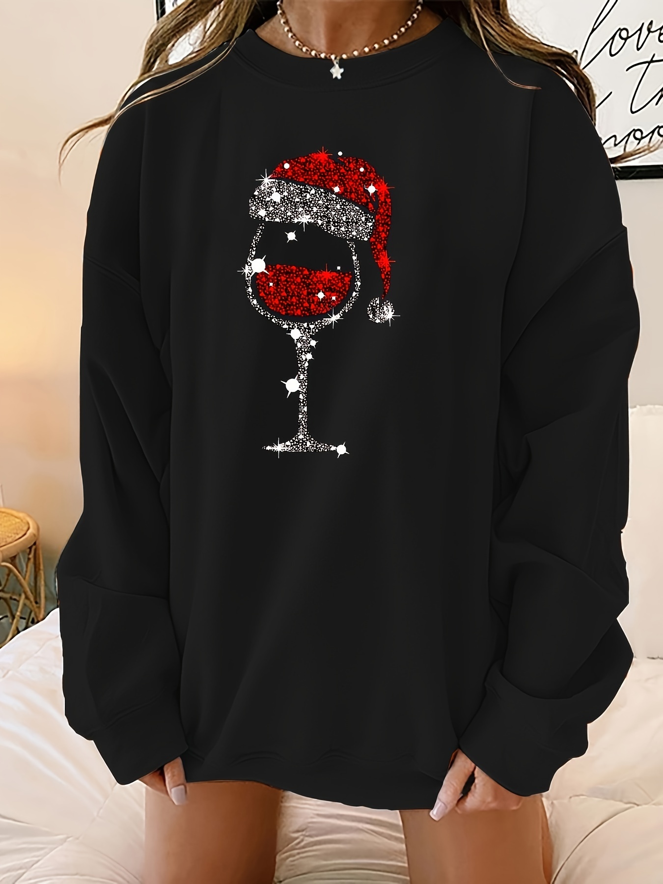 Christmas wine glass print sweatshirt hot sale