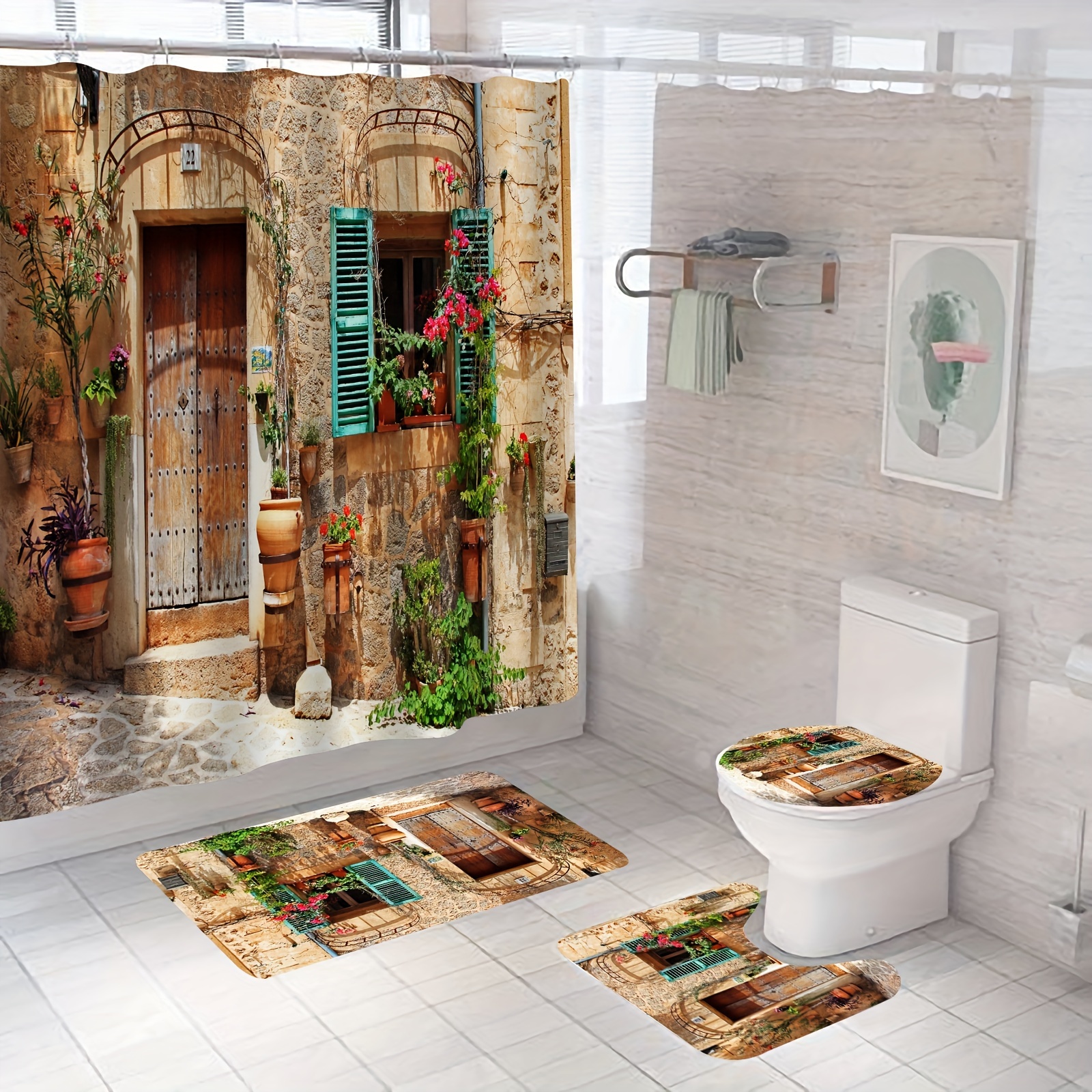 Scenery Shower Curtain Bathroom Rug Set Bath Mat Non-Slip Toilet Lid Cover