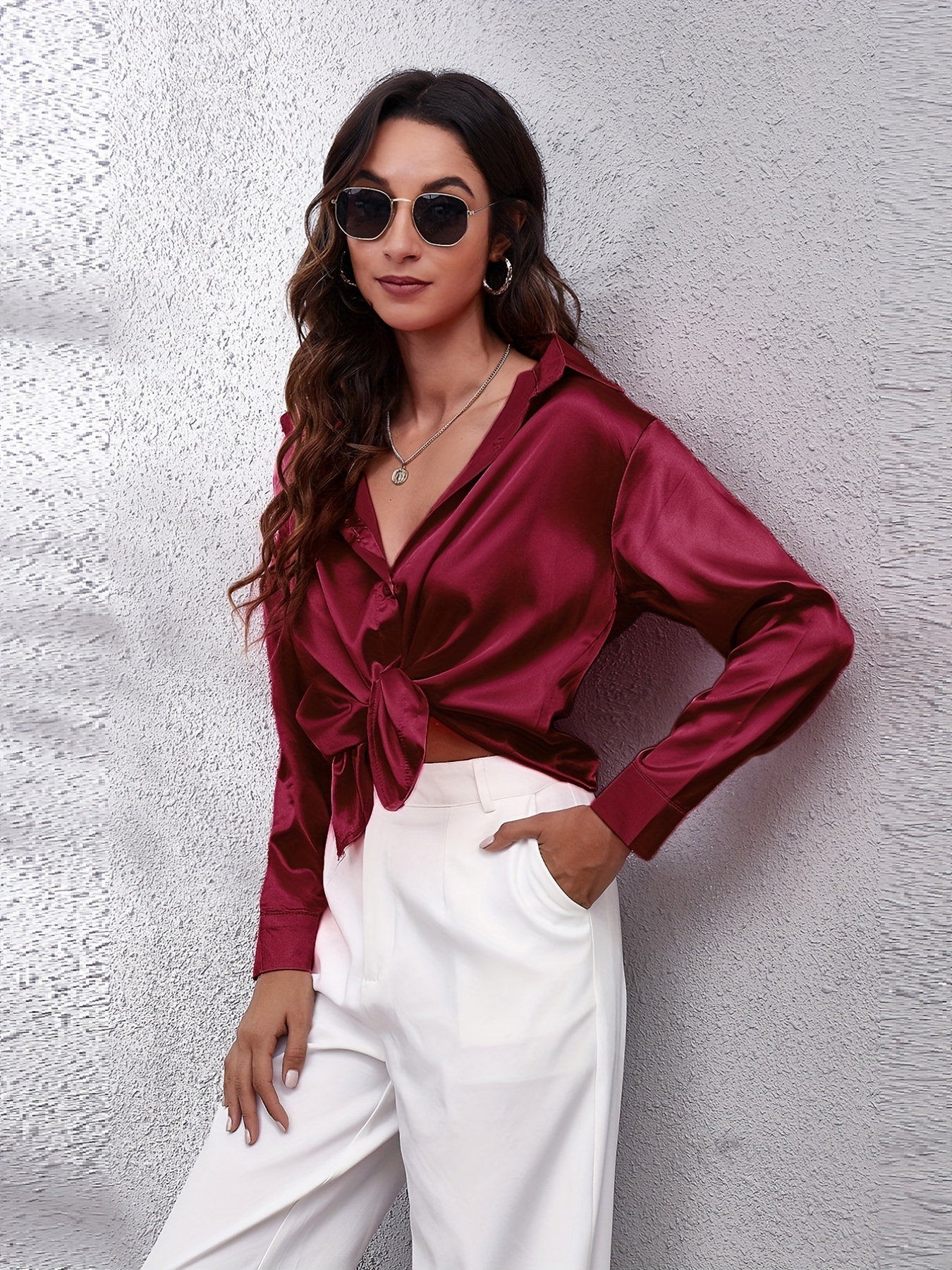 Solid Color Long Sleeve Button Tops Business Casual Blouses - Temu