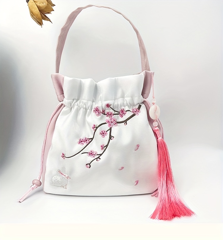 Vintage Flower Embroidery Drawstring Bag, Lightweight Carry On Classic  Handbag, Mini Women's Casual Bag With Tassel Decor