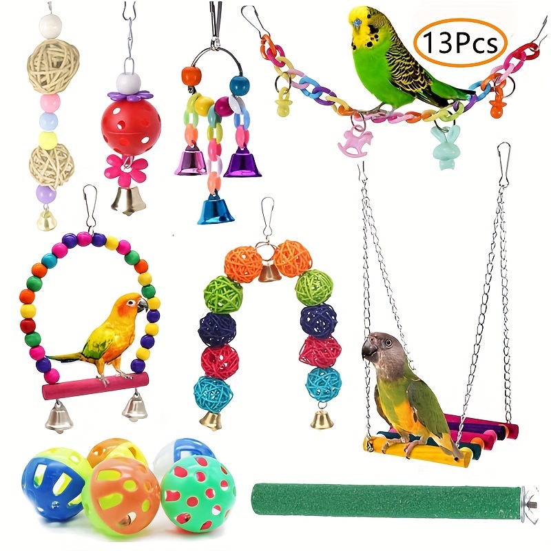 

13pcs Bird Chewing Hanging Toys Set Multicolored Bird Toys With Swing Perching Stand Parrot Toys Hanging Bell Pet Bird Cage Hammock Swing Toy Wooden Perch Chewing Toy (random Color)