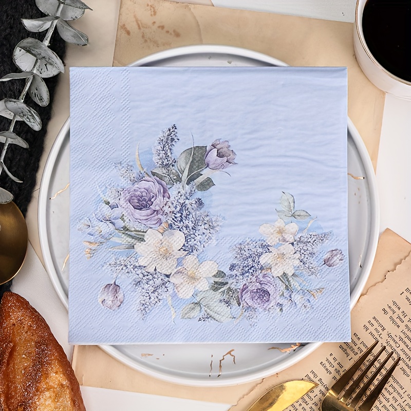 20pcs Disposable Blue And White Floral Paper Napkins, Western Food Party  Printing Napkins, 13''*13