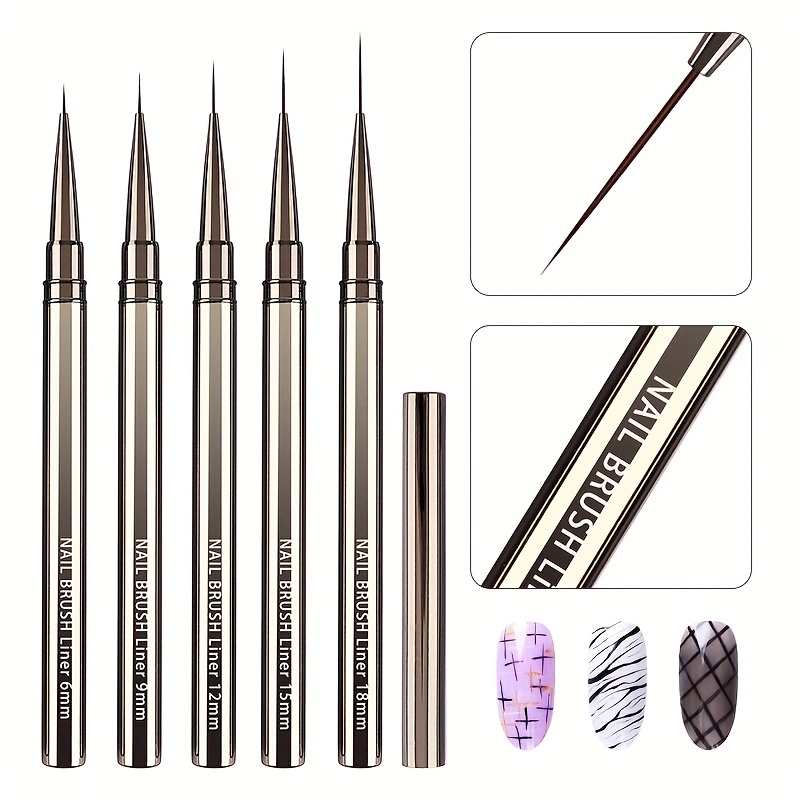 

5pcs Uv Gel Polish Nail Liner Brush Set Drawing Lines Stripe Painting Flower Pen Nail Art Manicure Metal Handle Striper Brushes 6/9/12/15/18mm