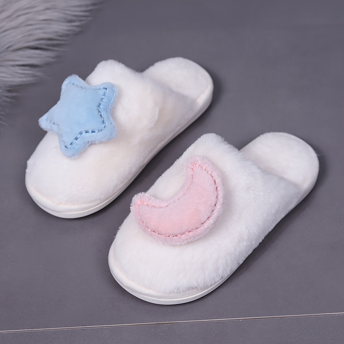 Cute Star Moon Plush Slippers Winter Warm Closed Toe Slip - Temu