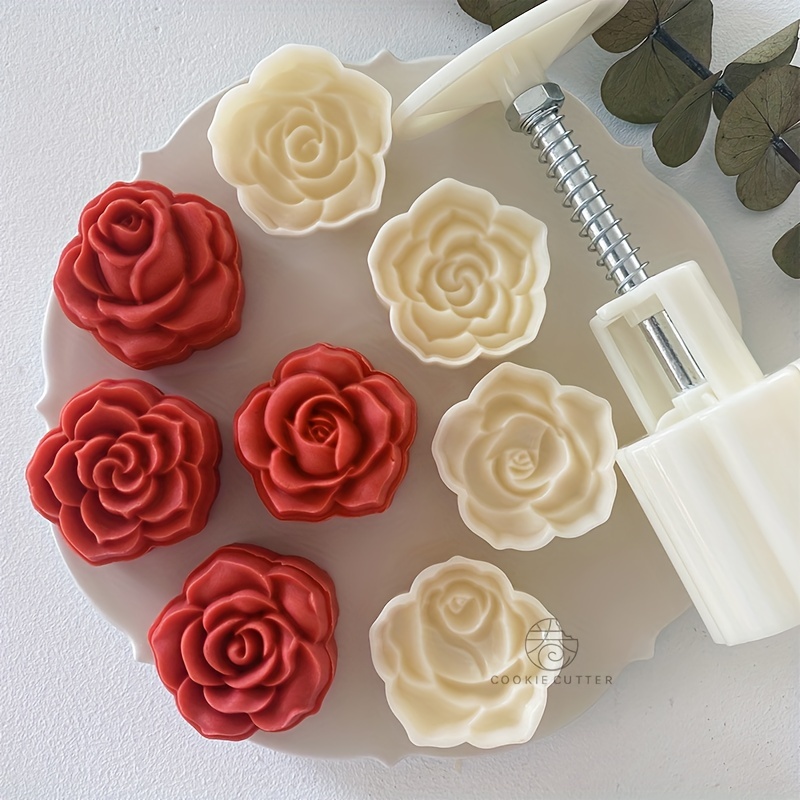 

4pcs, 4 Design, 1pc Of 30g Rose Shape Mooncake Mold Valentines Day Mold Hand-pressure Moon Cake Mould Diy Decoration Baking Tools Kitchen Eid Al-adha Mubarak