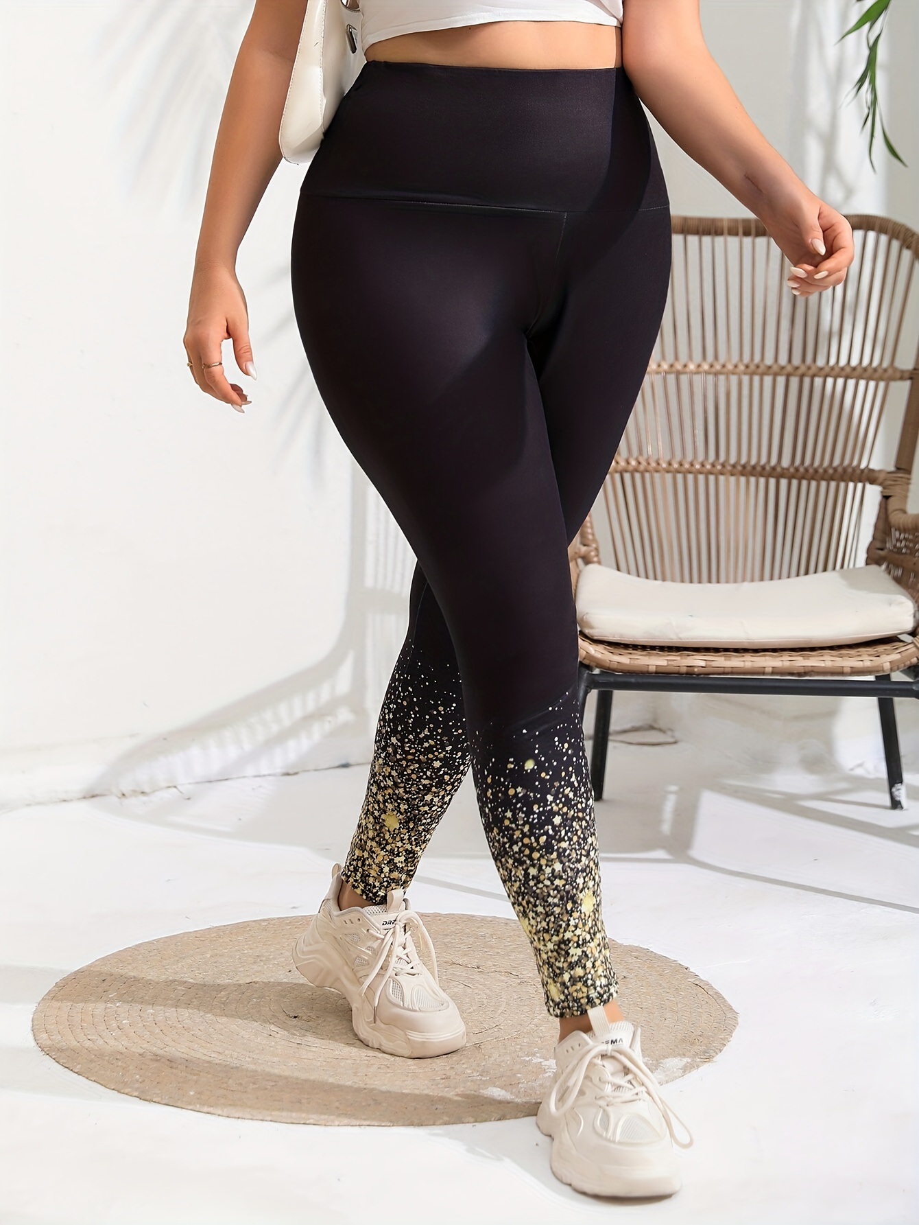 Plus Size Casual Leggings Women's Plus Glitter Print High - Temu