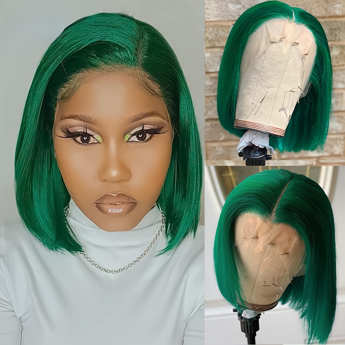 Dark Green Short Bob Human Hair Wigs 13x4 Lace Frontal Wig Temu