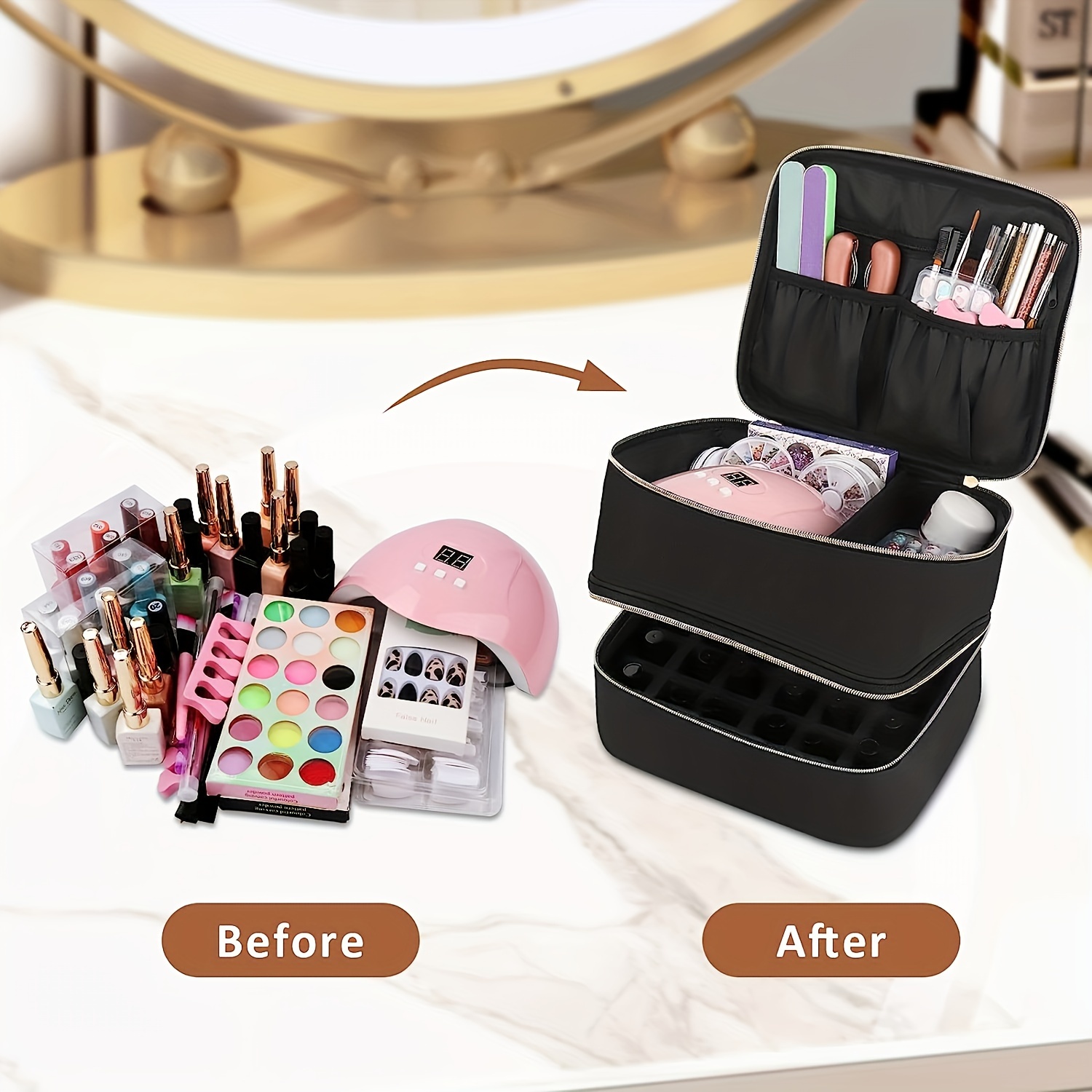 Double Layers Carrying Bag, Detachable Nail Polish Storage Organizer Case,  Holds 42 Bottles Gel Nail Polish and 1 Led Nail Lamp, Travel Makeup for