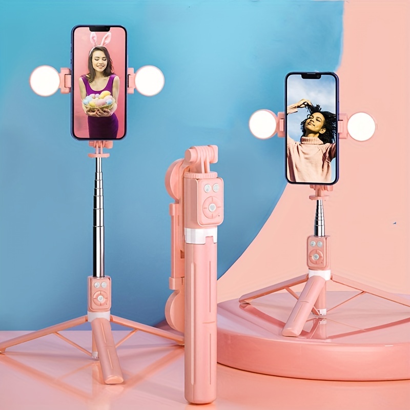 Palo selfie de 44.9 pulgadas con trípode reforzado, 2 luces de relleno,  trípode extensible y portátil para teléfono con control remoto, compatible  con