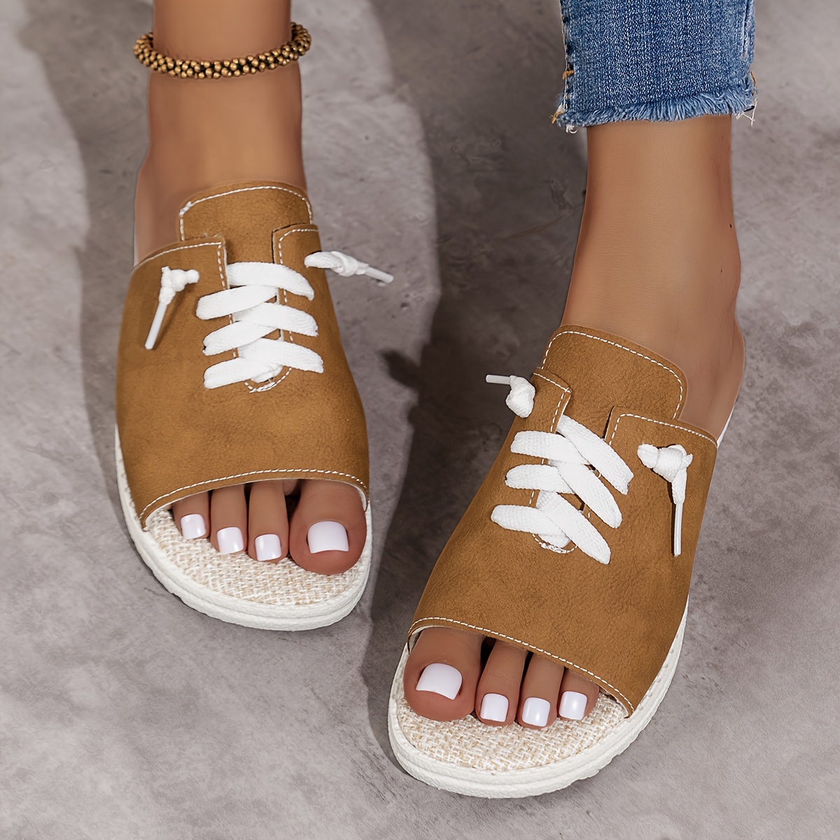 Women's Ruffle Lace Flat Sandals Solid Color Open Toe Non - Temu