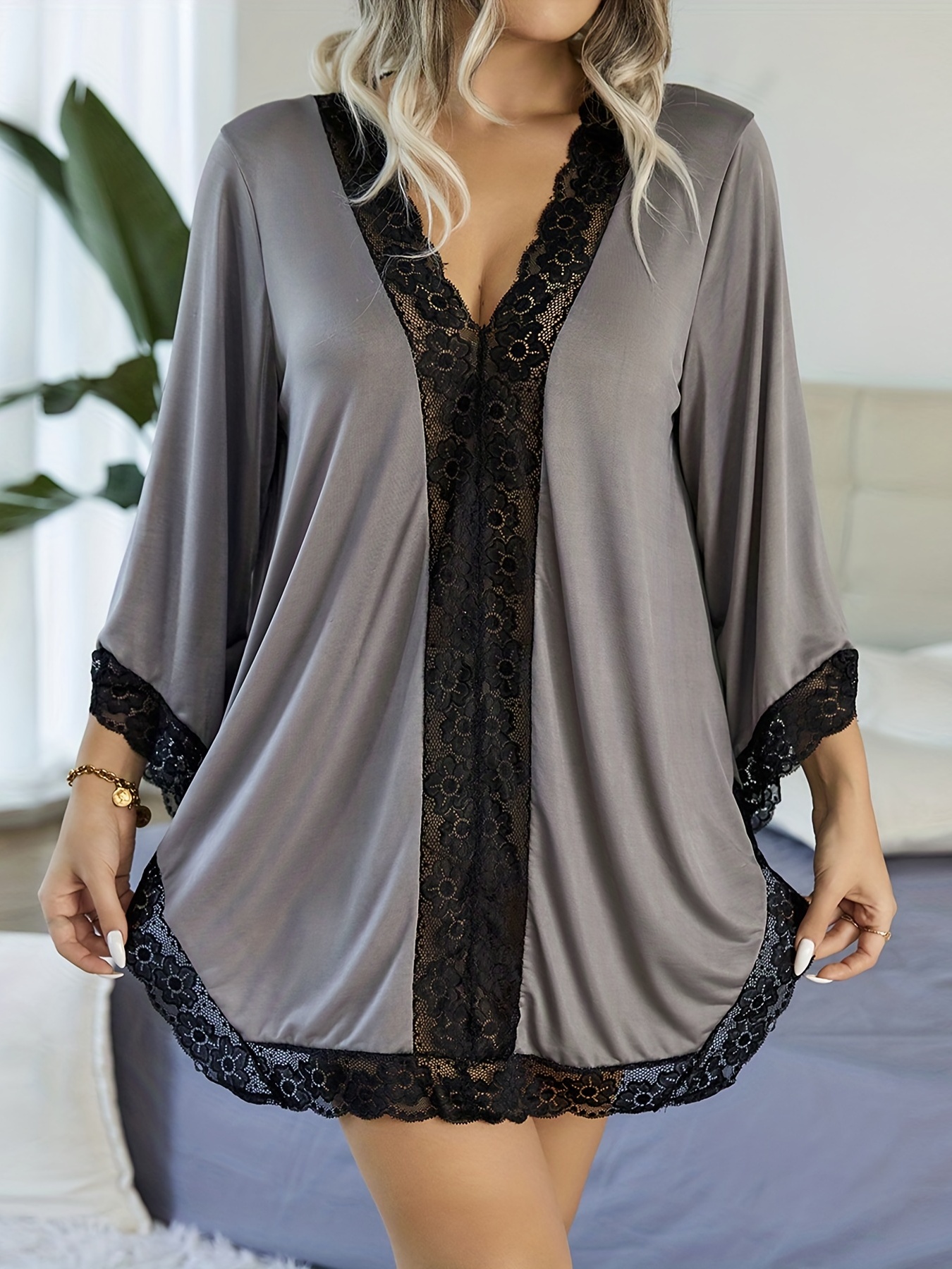 Plus Size Sexy Nightgown Long Sleeve Loungewear Robe