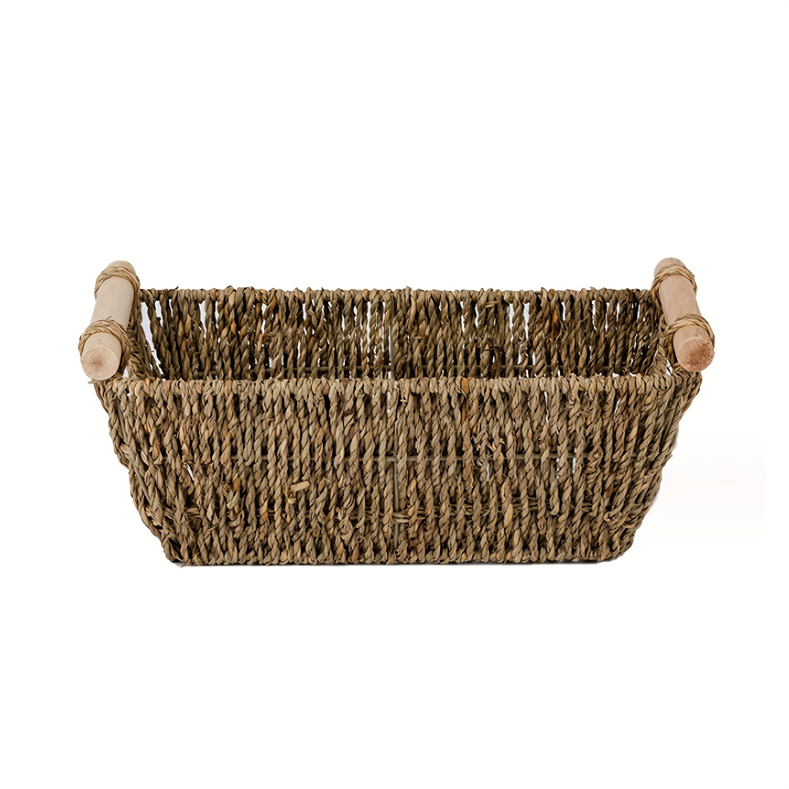 Cestas pequeñas de mimbre para organizar el baño, cestas de hierba marina  para almacenamiento, cesta de almacenamiento de mimbre con mango de madera