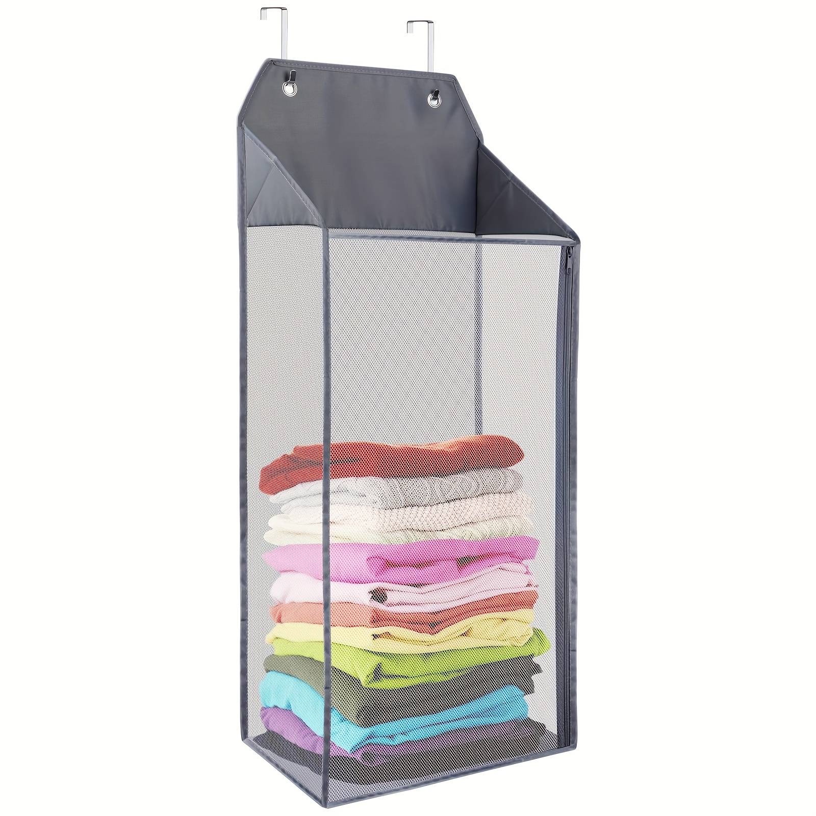 large mesh hanging laundry hamper with hooks and zipper foldable wall mounted storage basket for dirty clothes   bathrooms dorms laundry baskets details 5