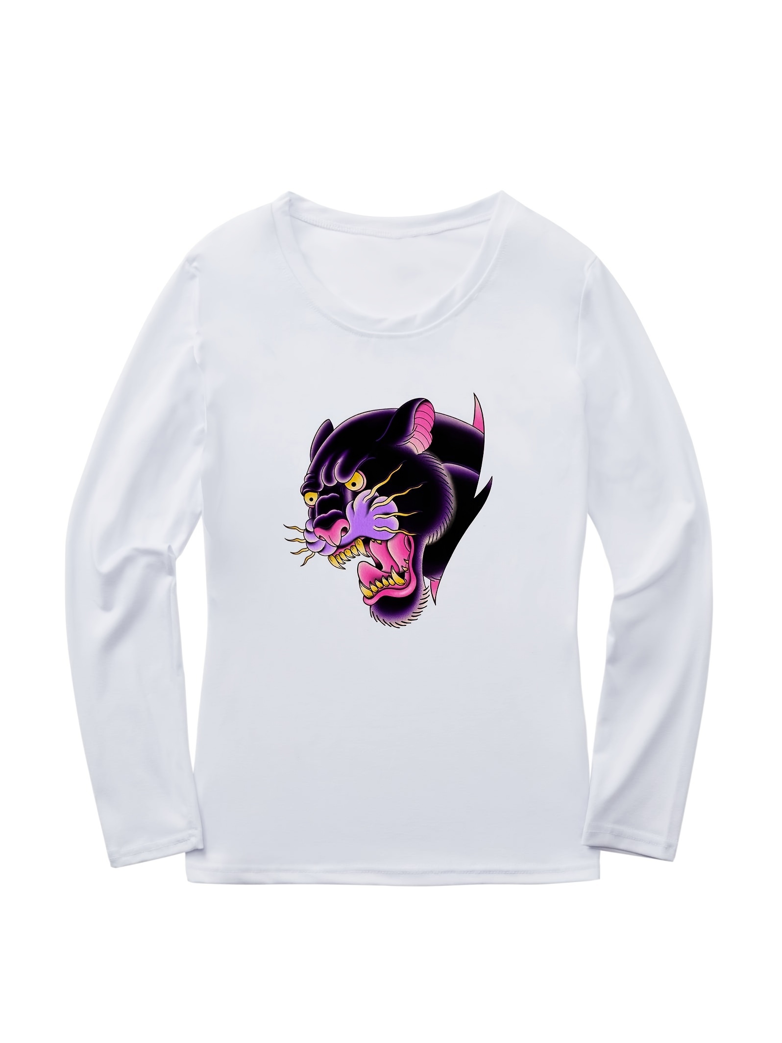 Neck shirt T Temu Long Print Sleeve Crew Panther - Graphic