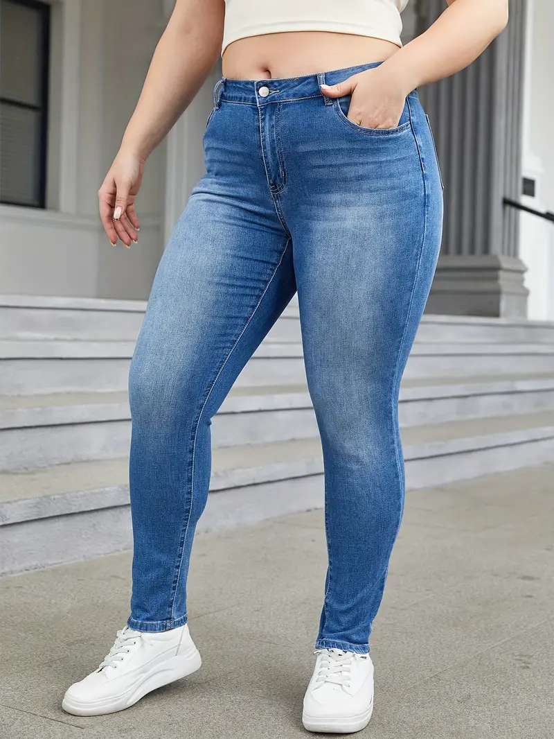 Plus Size High Rise Solid Skinny Jeans, Women's Plus High Stretch Casual  Skinny Denim Pants