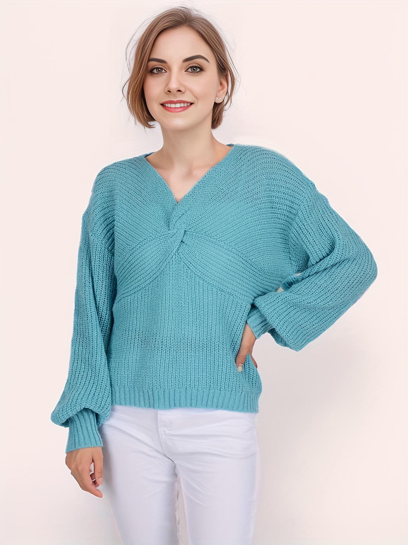 Solid Twist Front Pullover Sweater, Casual V Neck Long Sleeve Slim ...