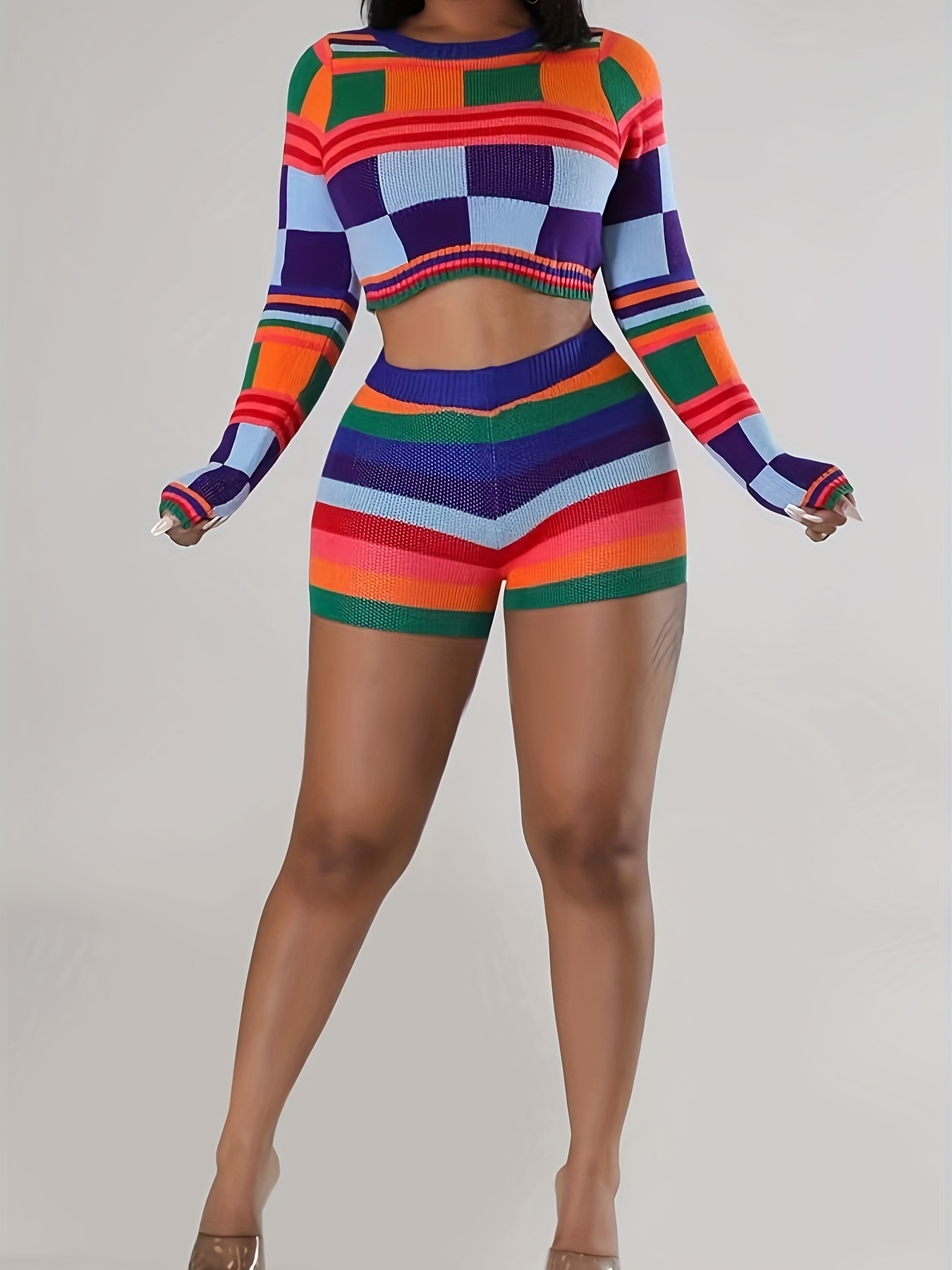 Color Block Knitted Two piece Set Crop Tank Top Slim Shorts - Temu Canada