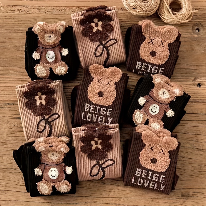

3 Pairs Cartoon Bear Print Socks, Comfy & Cute All Match Socks, Women's Stockings & Hosiery