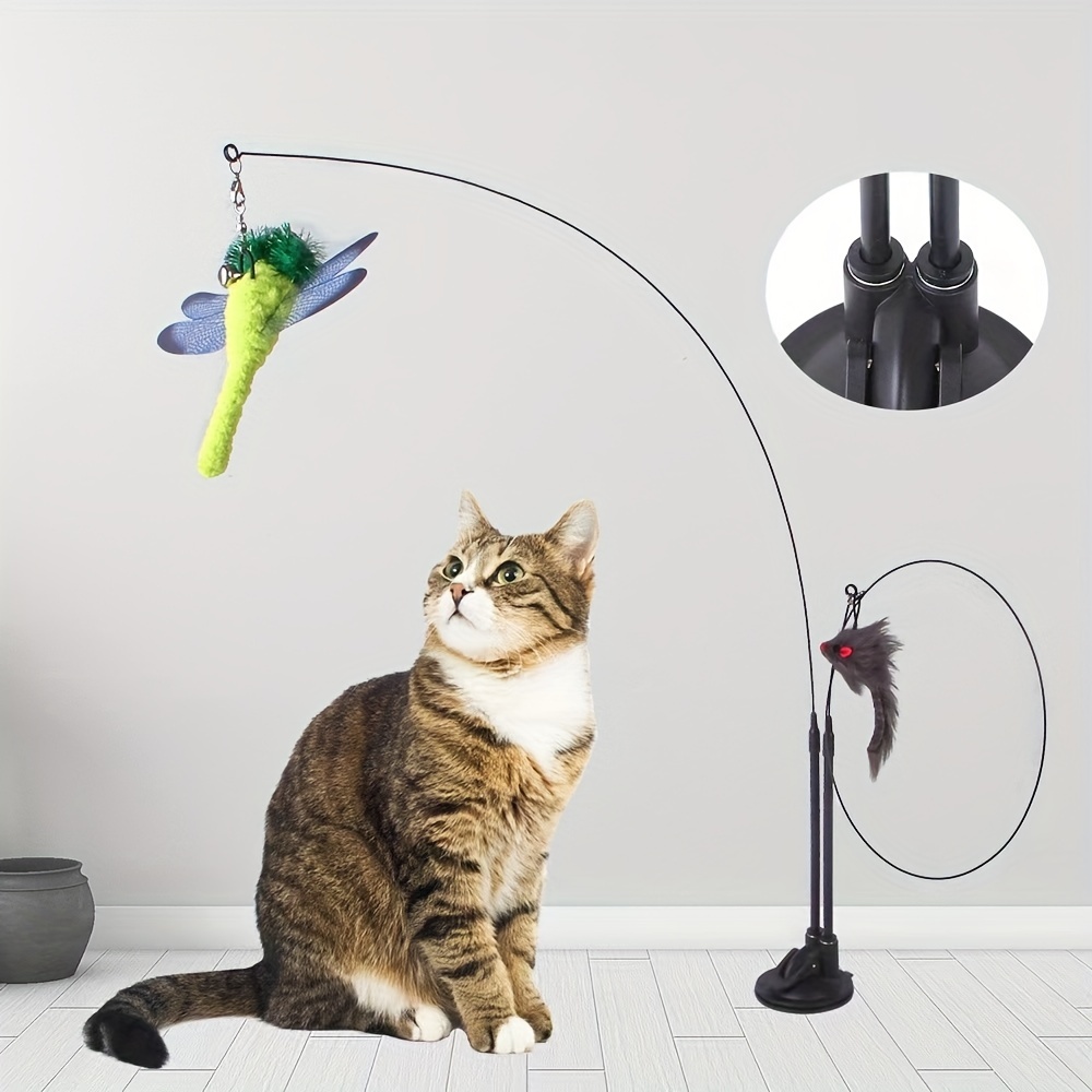 Cat Teaser Wand 35 Long Wire with Feathered and Bells Cat Toy with Suction  Cup