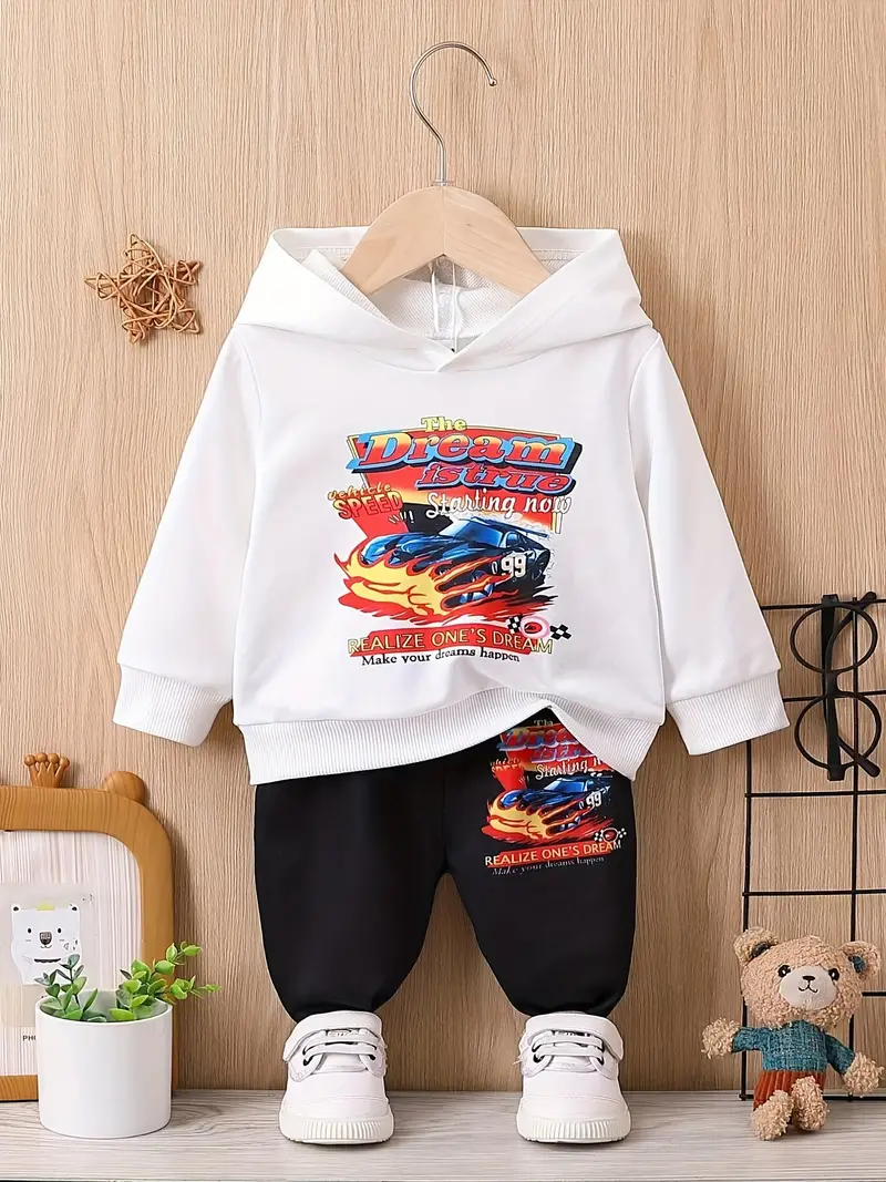 toddler baby boys casual set cute sports car mother pattern hooded long sleeved top sports car printed pants childrens warm set details 3