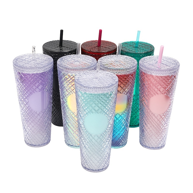 Studded Tumbler With Lid And Straw, Reusable Plastic Cup, Double Walled  Shiny Travel Tumbler For Iced Coffee Cup, For Cold Water, Smoothie, Wide  Mouth, Spill Proof - Temu