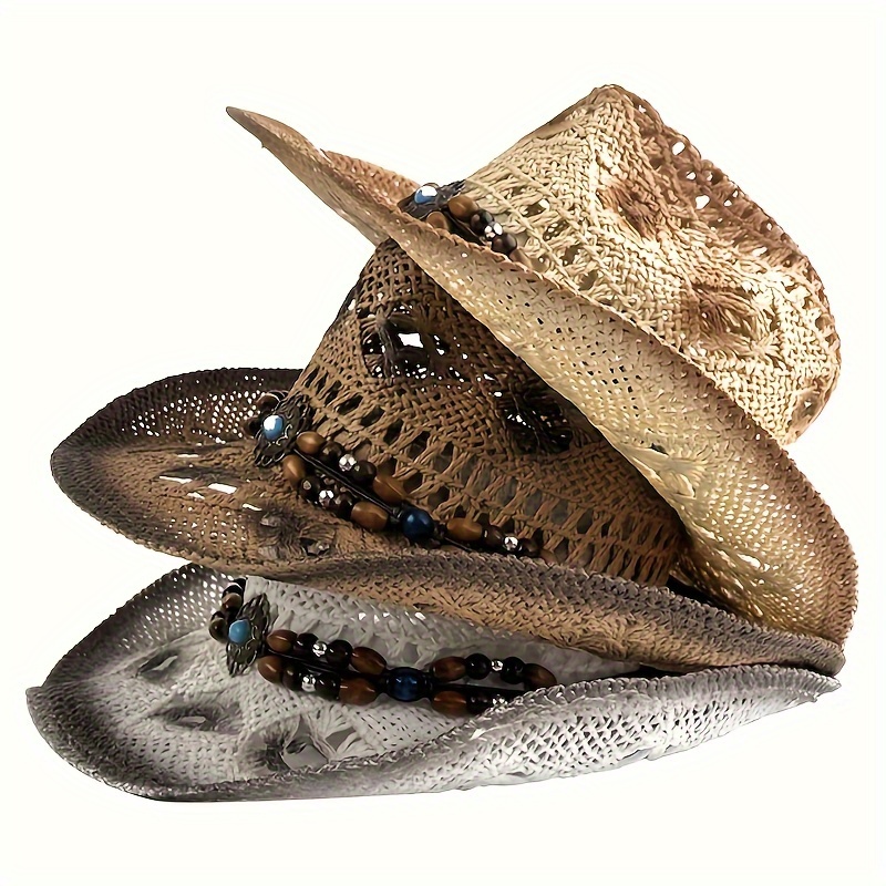 Boho Hollow Out Cowboy Hat Classic Turquoise Chain Decor Straw