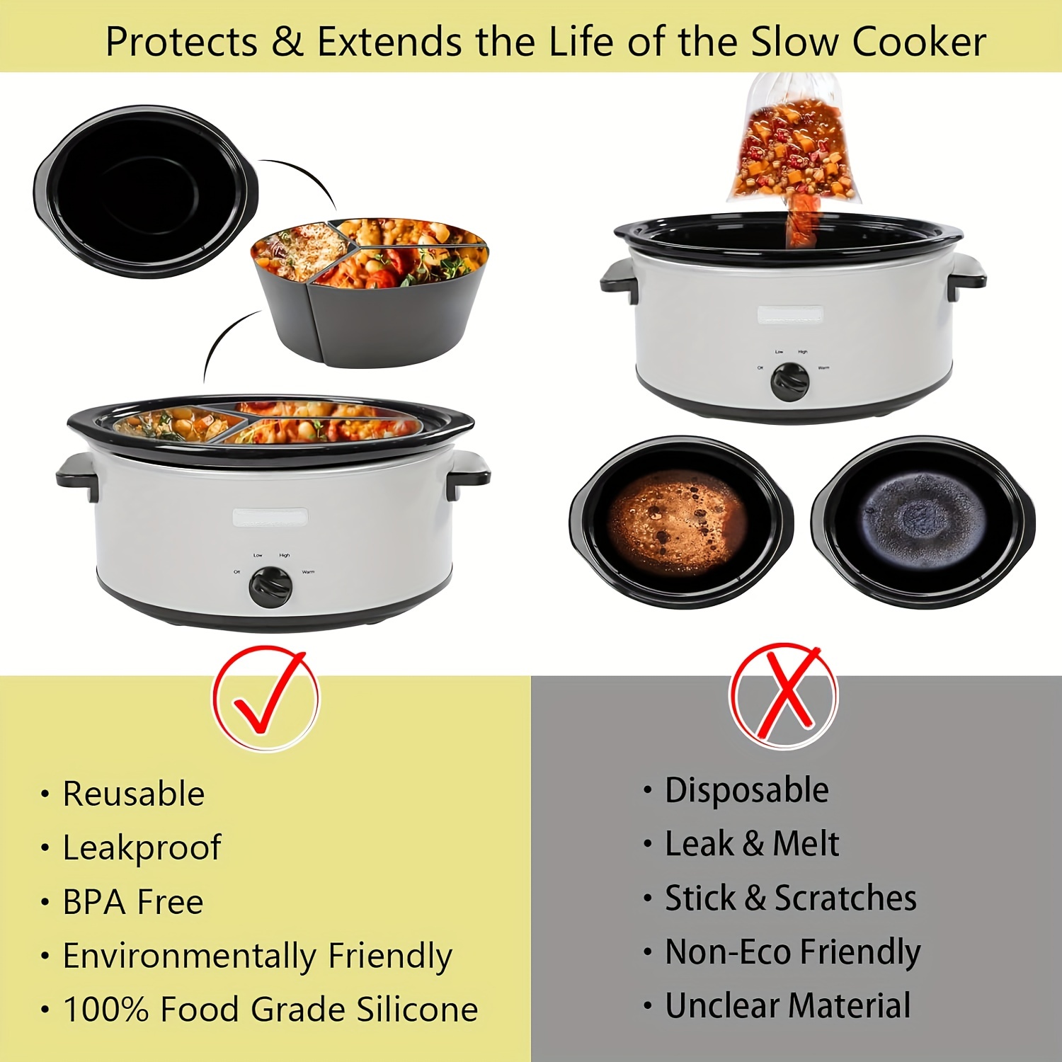 Slow Cooker Divider Liners Silicone fit Oval CrockPot 6-8 Quart,Food-Grade  Material,BPA Free,Reusable,Leakproof,Dishwasher Safe,Cooking Liner for