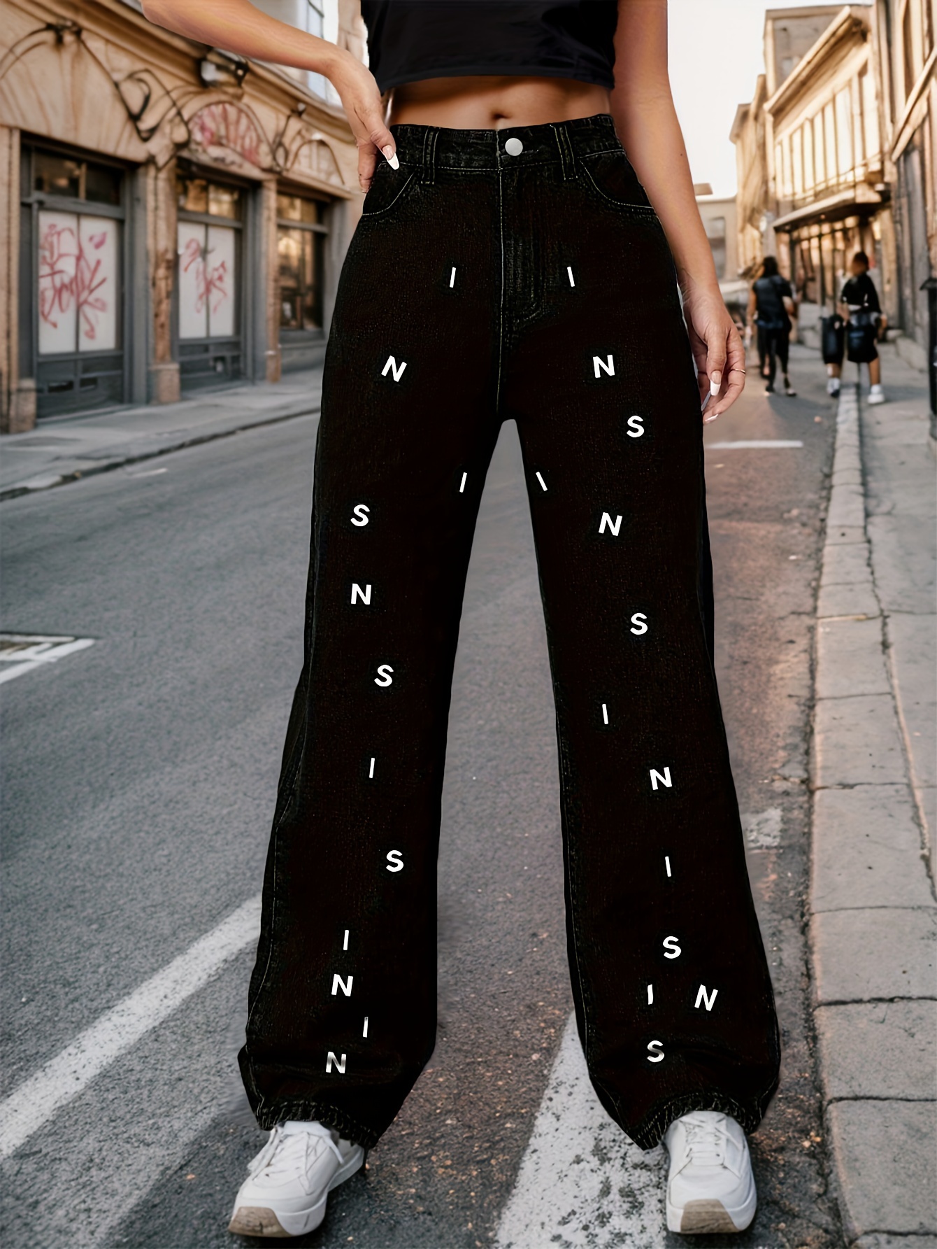Star Letter Graphic Loose Cargo Jeans Black Wide Leg Baggy - Temu