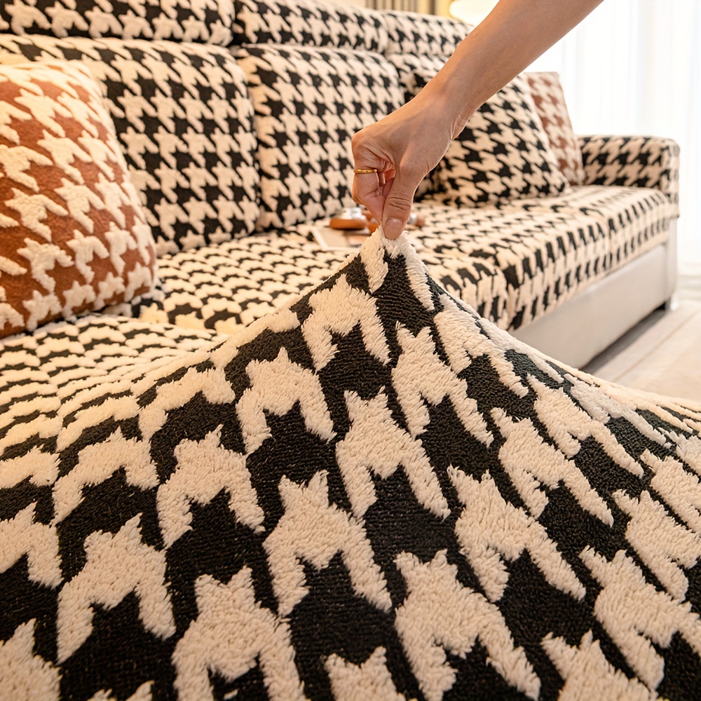 Houndstooth Plush Mat Furniture Protection Anti-Slip Couch Cover