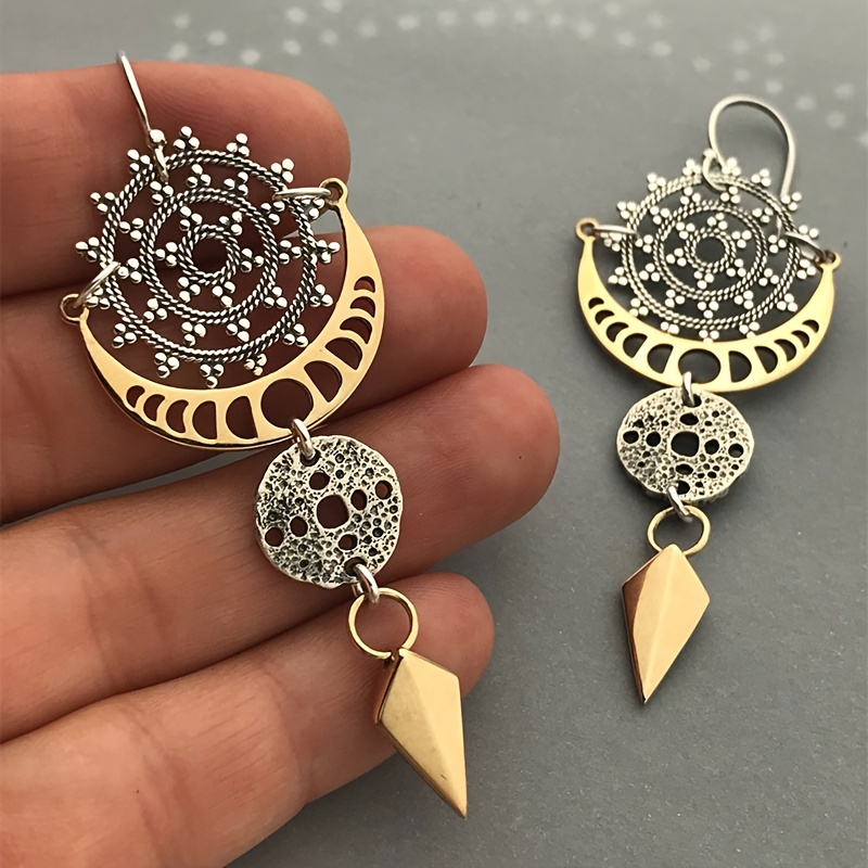 Bohemian Golden Circle & Moon Texture Arrow Drop Dangle Earrings