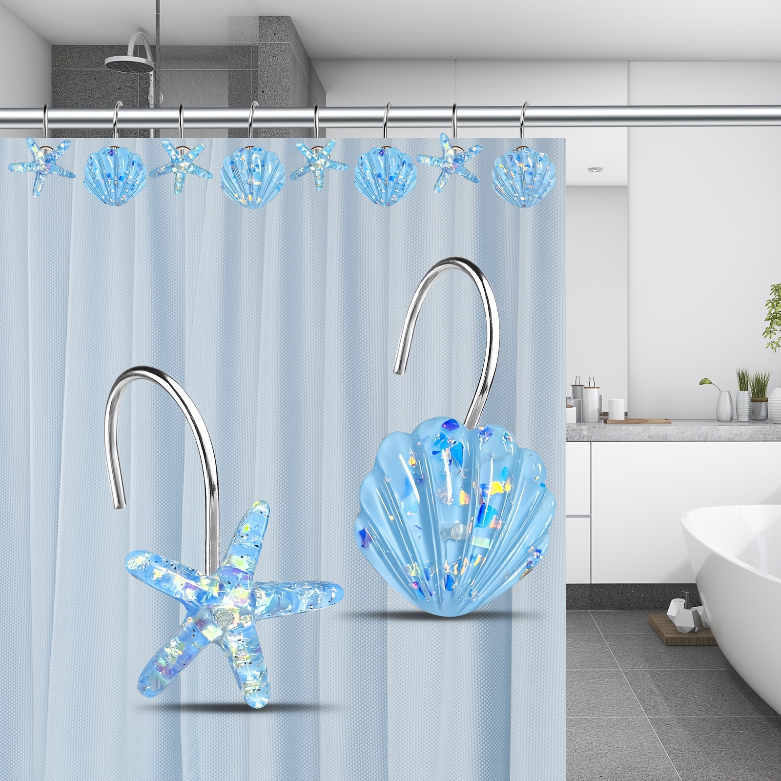12 pcs Sparkling Starfish and Seashell Shower Curtain Hooks - Resistant to  Corrosion and Stains, Perfect for Ocean Themed Bathroom Decor, Blue and Whi