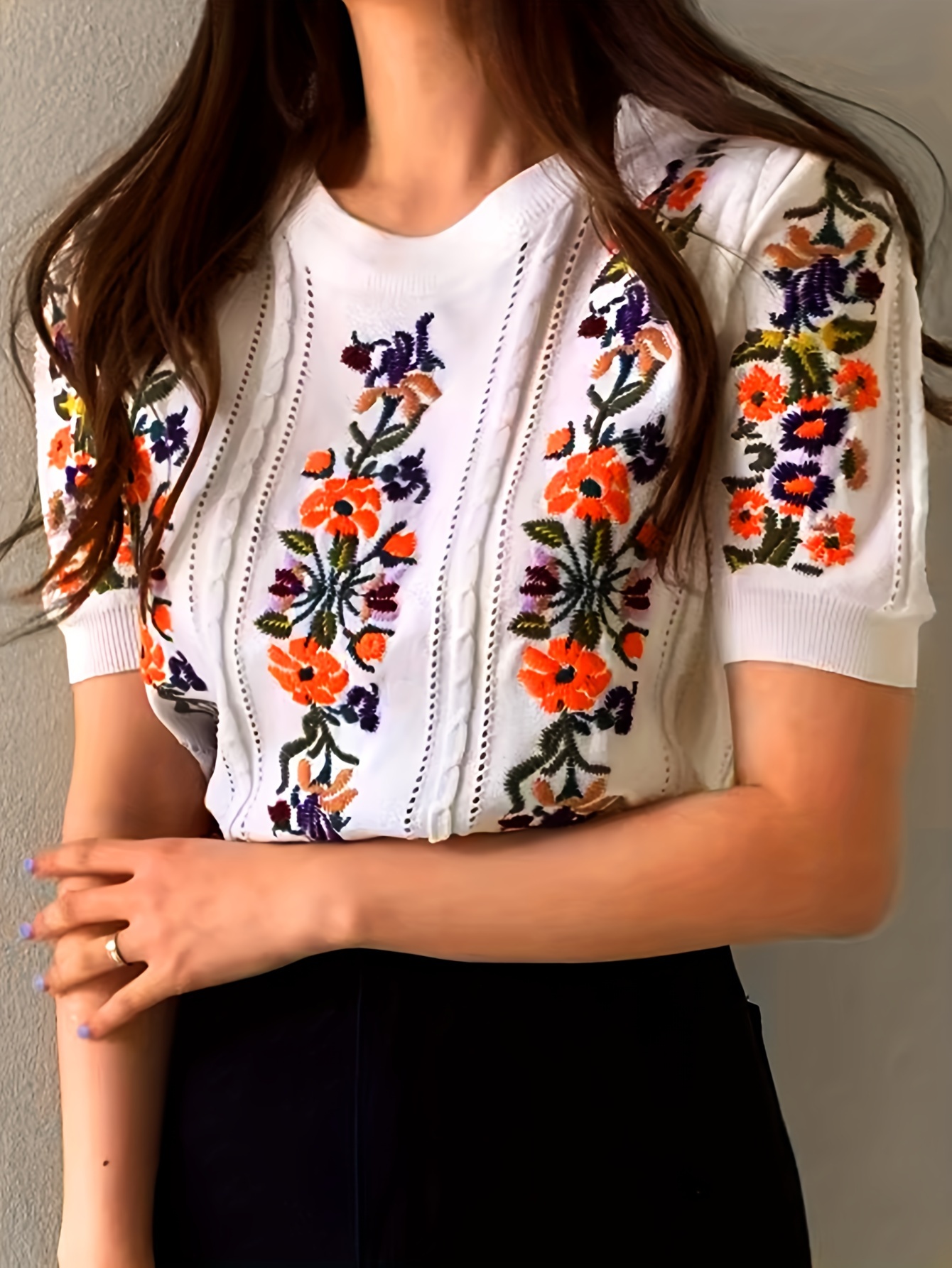 Floral Embroidered Slim Knitted Pullover, Elegant Short Sleeve Crew Neck  Sweater, Women's Clothing