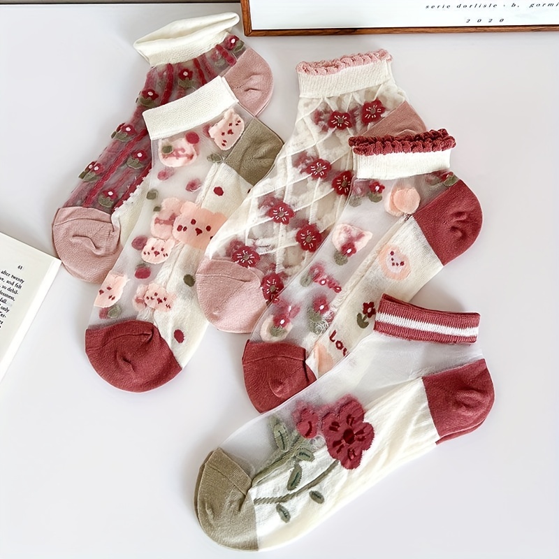 Floral Print Mesh Socks Sweet Cute Lettuce Trim Ankle Socks - Temu Canada