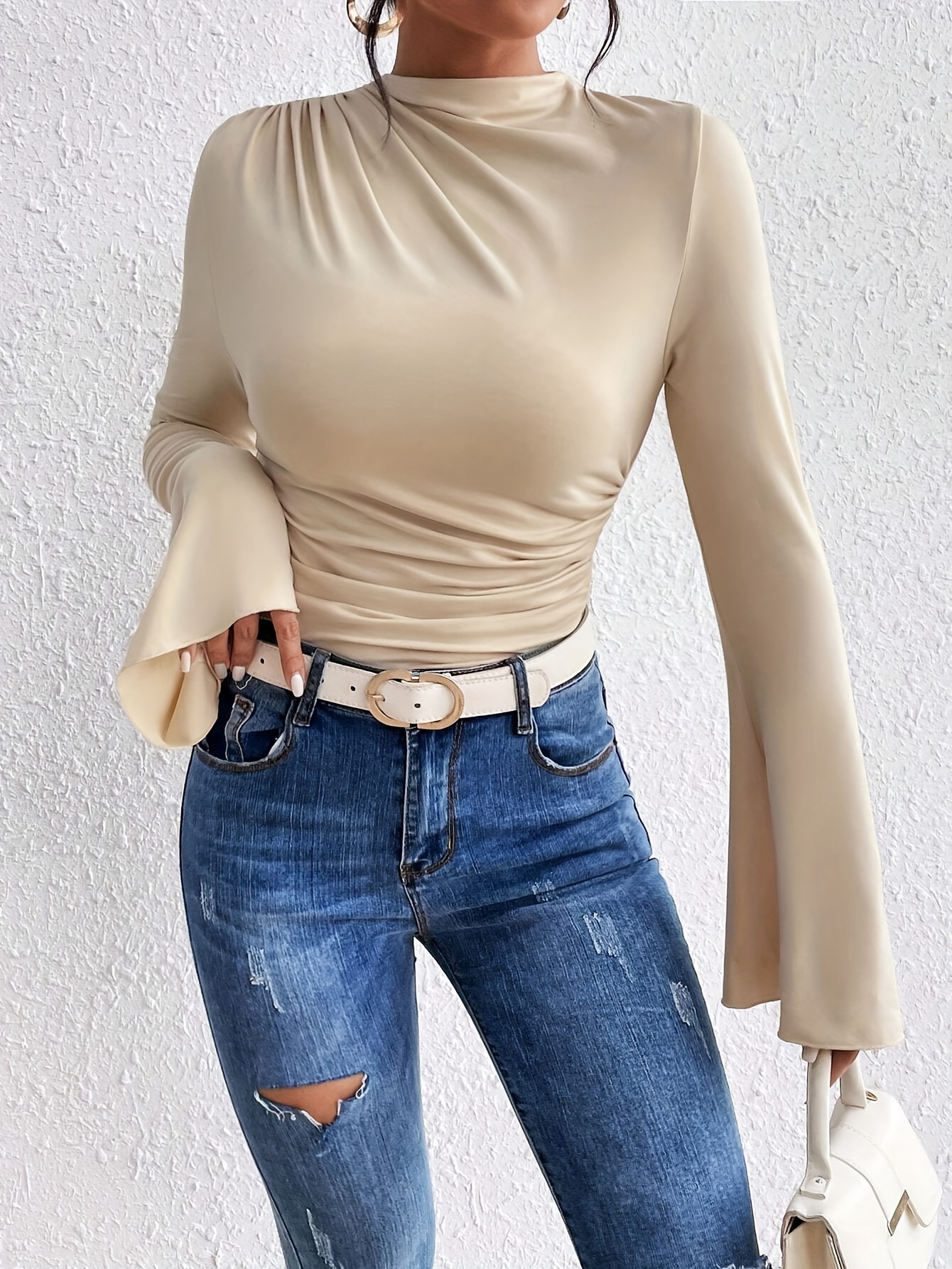 Solid Color Crew Neck T-Shirt, Casual Flare Sleeve T-Shirt For Spring & Fall, Women's Clothing