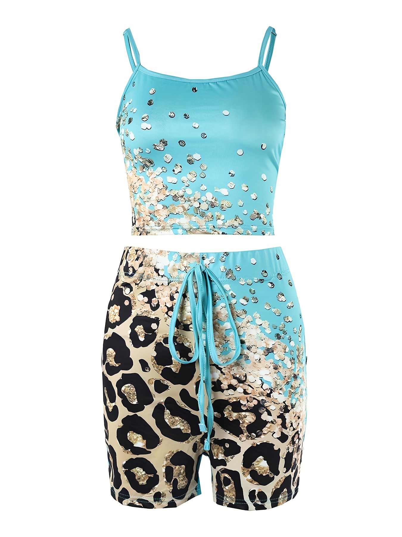 Leopard Print 3-Piece Set: Crop Tank Top, Long Vest & Drawstring Shorts