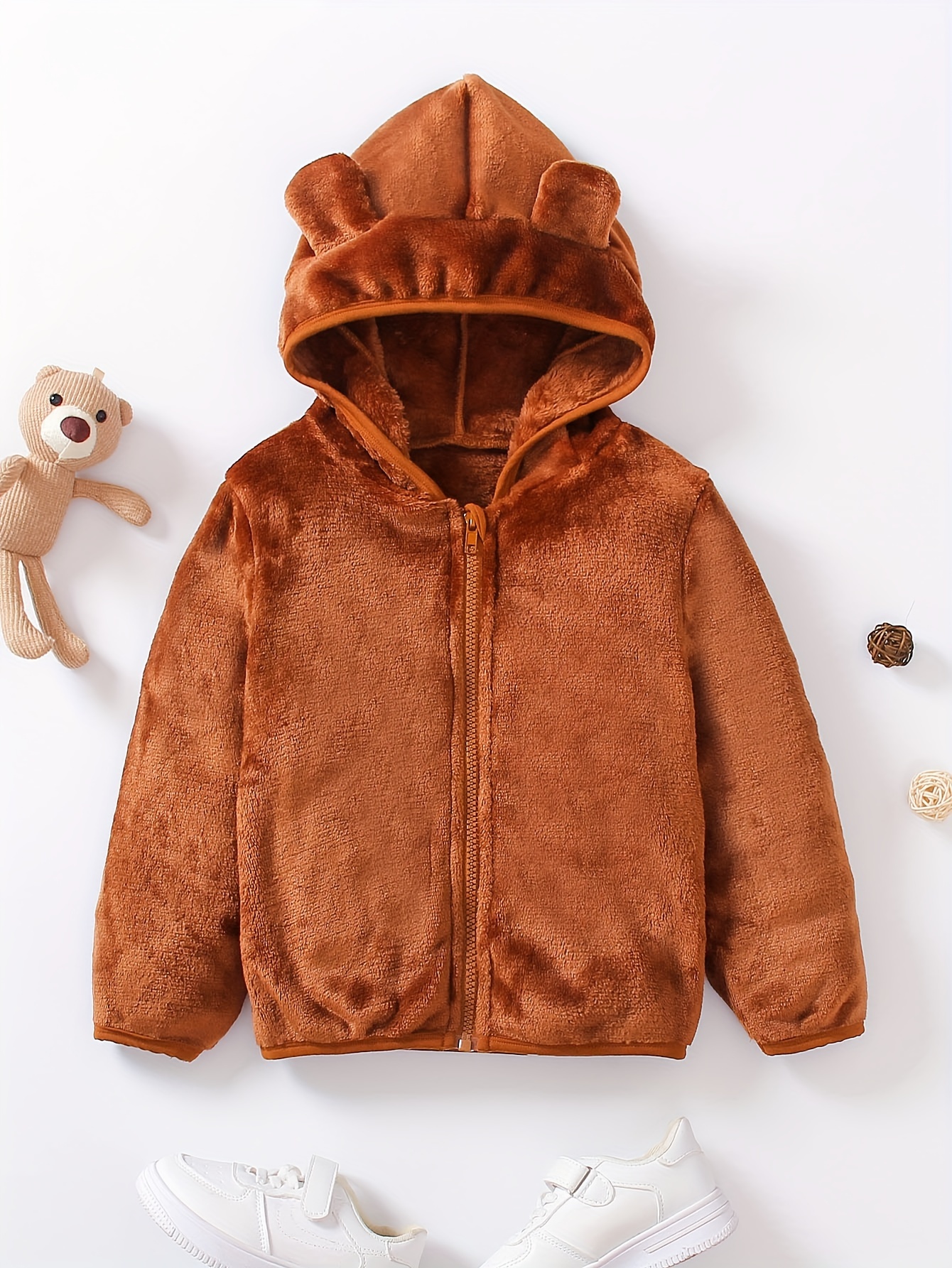 Kid's Toy Bear Ears Decor Fleece Jacket Warm Zip Hooded Coat - Temu