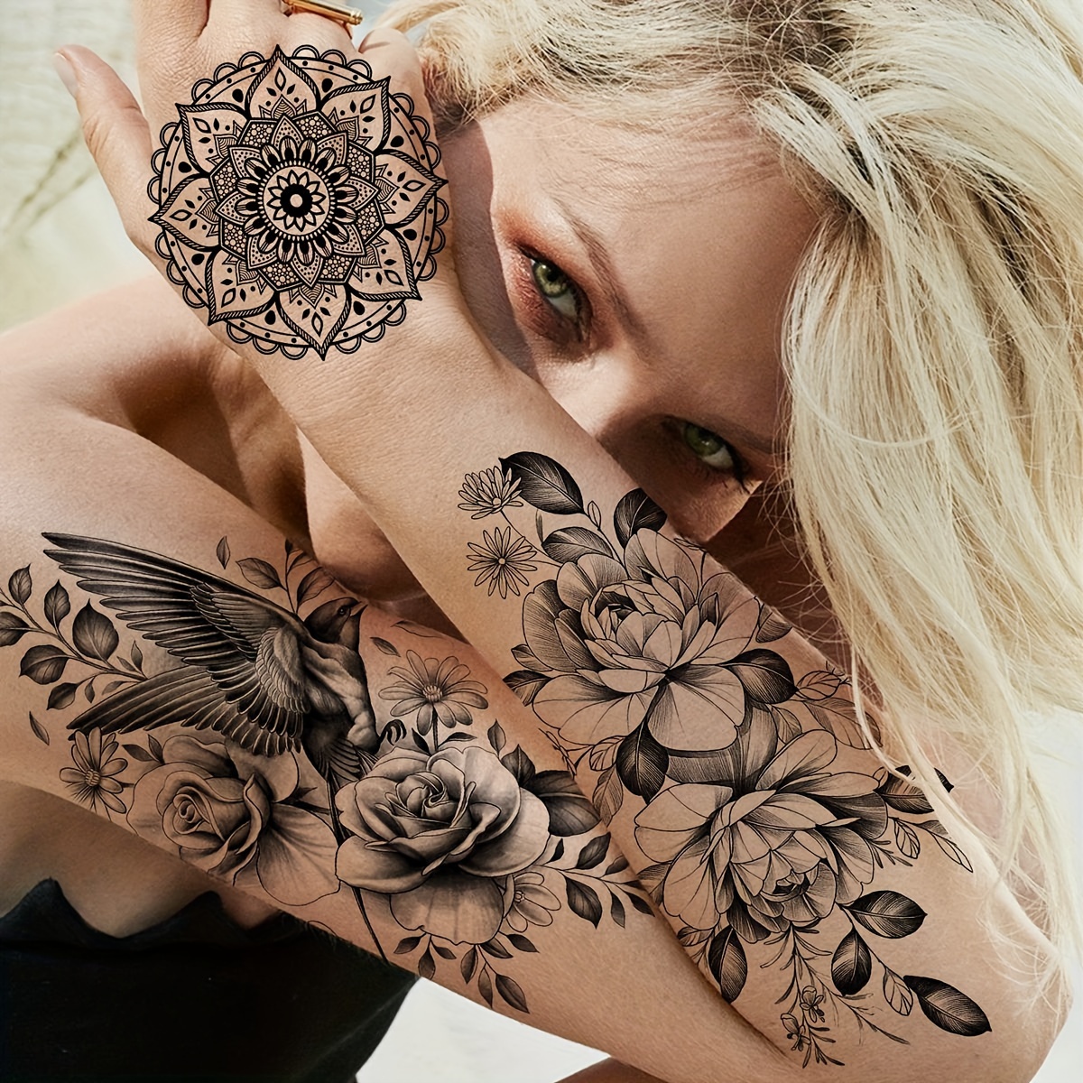 Large Temporary Sleeve Tattoos for Women Girls 10 Sheets, Fake Waterproof  Sexy 3D Half Arm Leg Tattoo Stickers Pack Rose Lotus Flower Skull Body