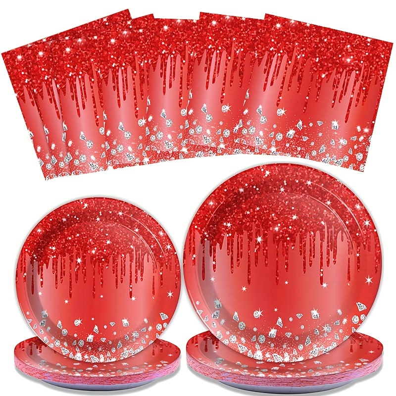 Vaisselle De Fête Pailletée Rouge Argentée Pour Décorations - Temu