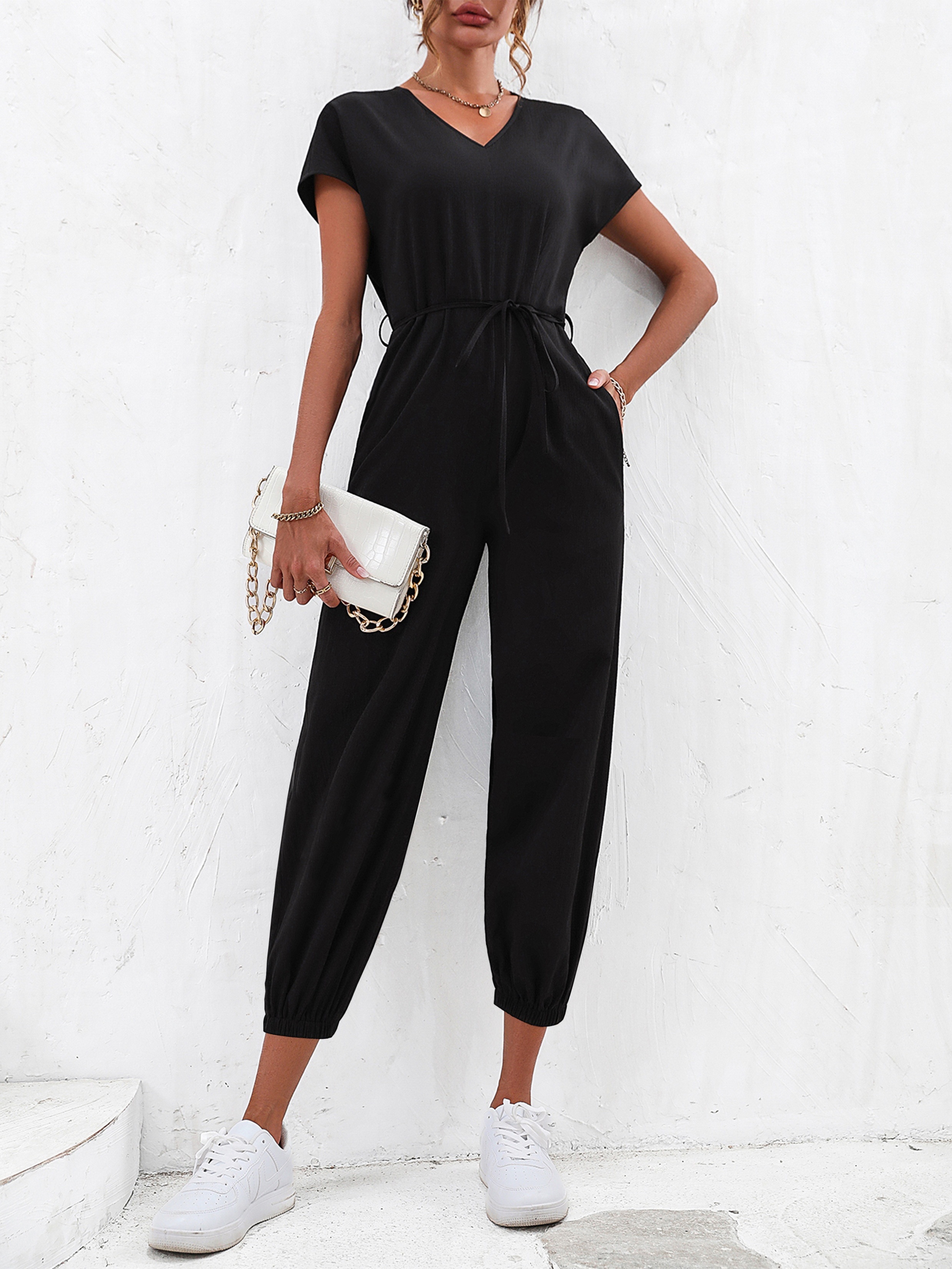 Solid One Shoulder Jumpsuit Casual Long Sleeve Knot Long - Temu