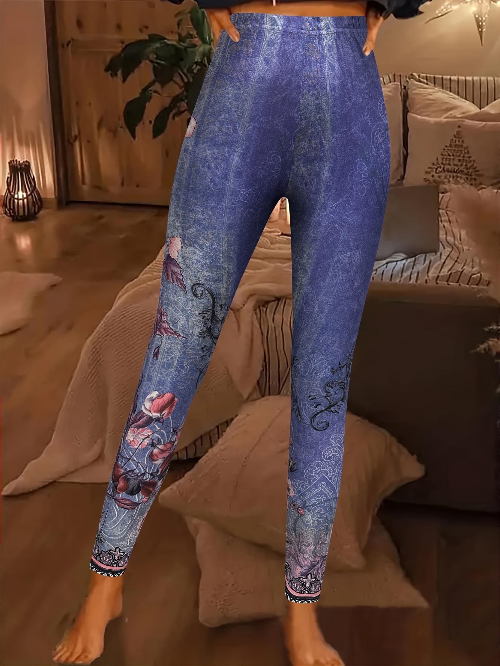 Floral Print Skinny Leggings Casual Every Day Stretchy - Temu