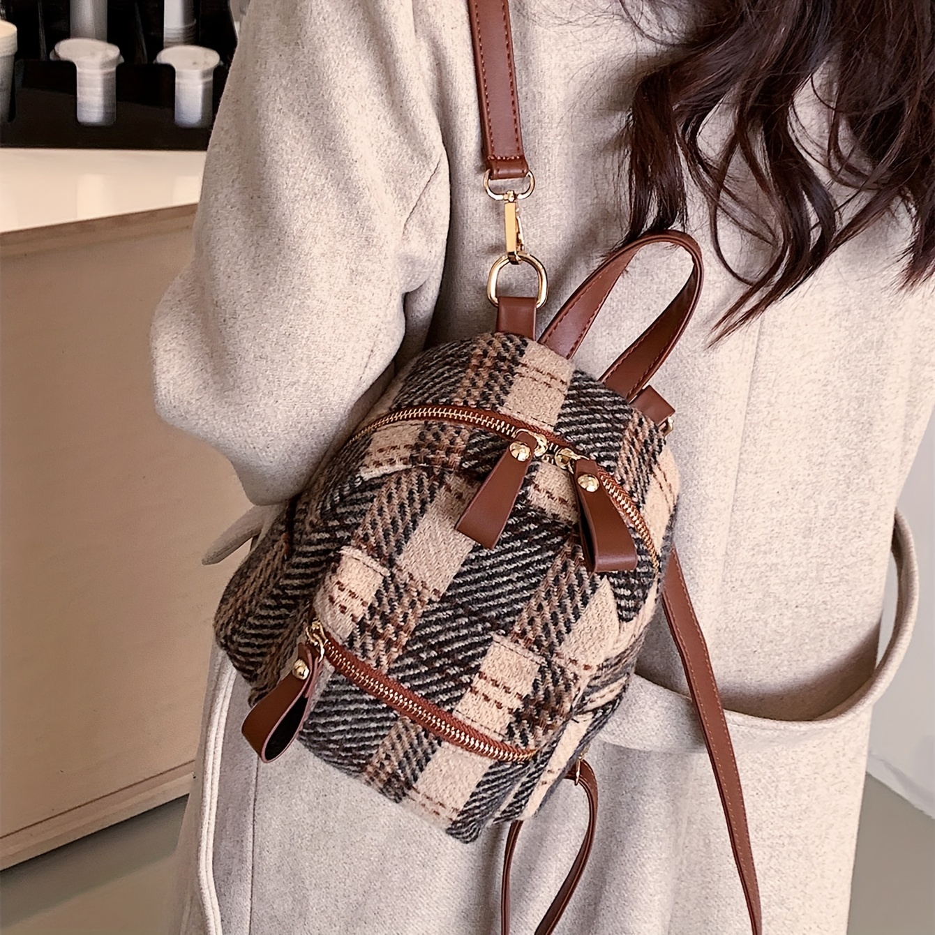 Women Vintage Style Leather Backpacks Fashion Plaid Shoulder Bags