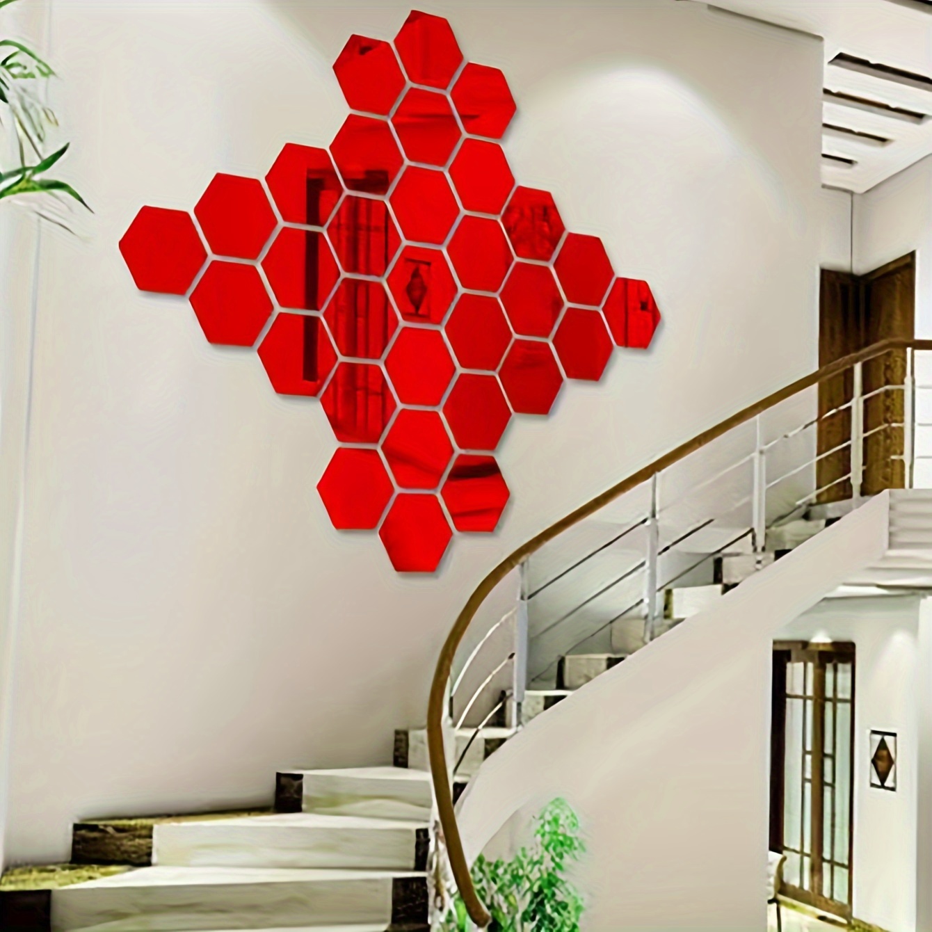 

12pcs Acrylic Hexagon Mirror 3d Wall Decor Stickers Tiles Self Adhesive Decorations For Bedroom Living Dining Dorm Room Kitchen Bathroom Apartment Office Aesthetic - Red